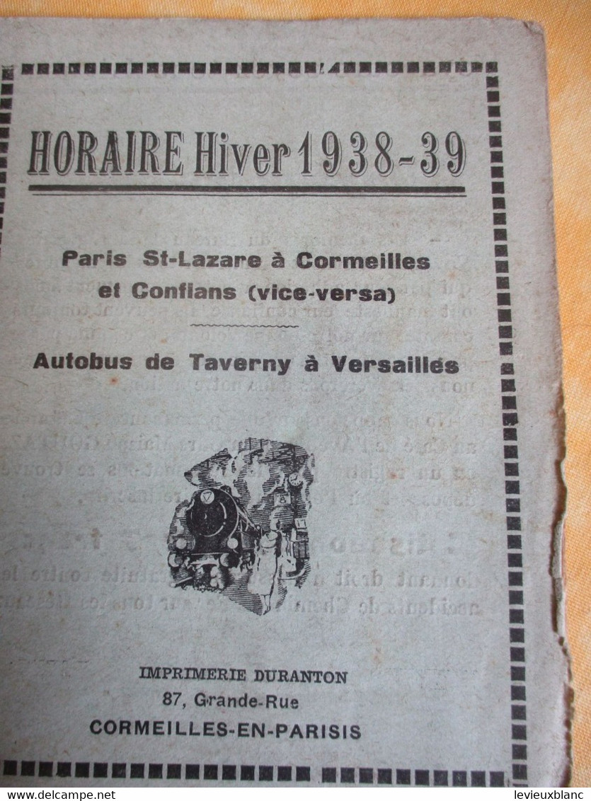 Chemin De Fer/Paris St Lazare à Cormeilles Et Versailles /Autobus De Taverny à Versailles/Horaire Hiver 1938-39   TRA66 - Ferrocarril