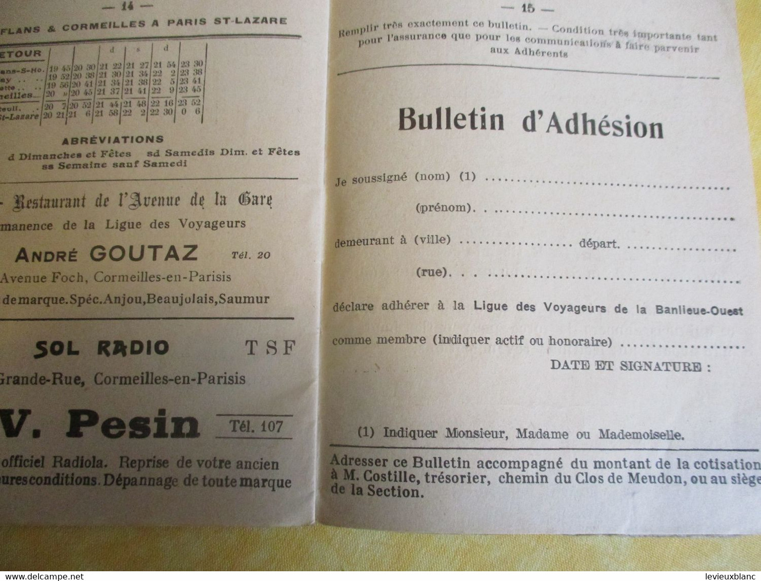 Chemin de fer/Paris St Lazare à Cormeilles et Versailles /Autobus de Taverny à Versailles/Horaire Hiver 1938-39   TRA66