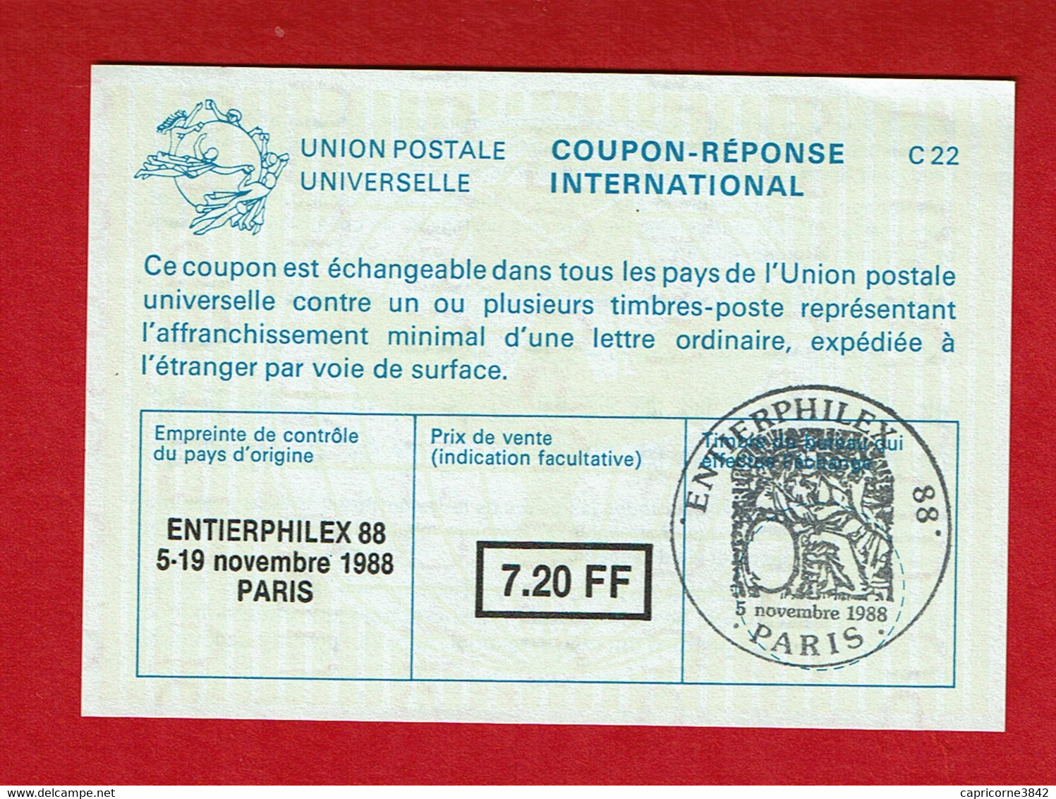 1988 - COUPON REPONSE INTERNATIONAL - Cachet Temporaire "ENTIERPHILEX -88" - Coupons-réponse