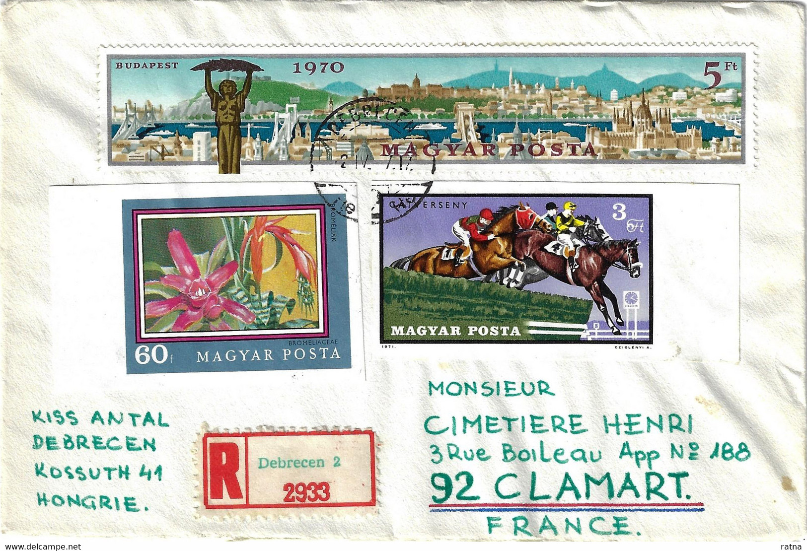Hongrie, 1972, Lettre Recommandée Pour France. TP Non Dentelé Ou Issu De Bloc. Chevaux, Flore, Equitation, - Lettres & Documents