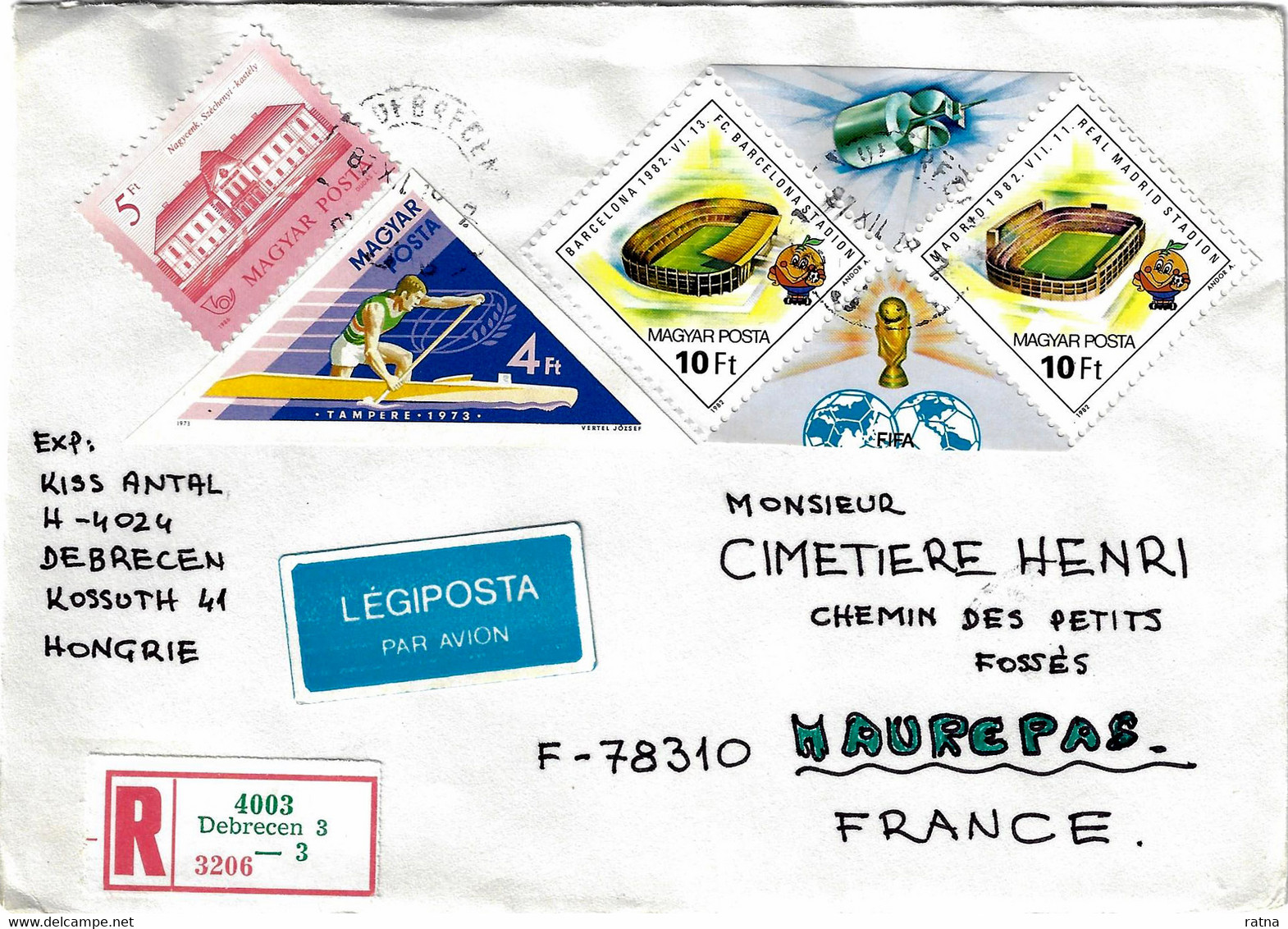 Hongrie, 1987, Lettre Recommandée Pour France. TP Non Dentelé. Sport Nautique, Canoé, Coupe Monde Football Madrid 198 - Storia Postale