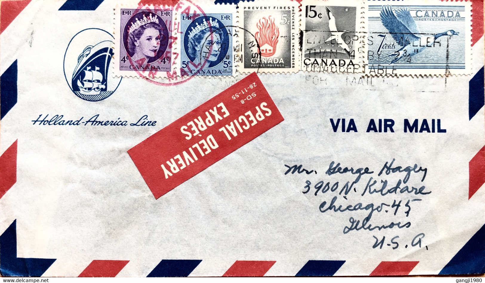 CANADA TO USA USED COVER 1957, VIGNETTE “SPECIAL DELIVERY EXPRESS” 1955 PRINT “HOLLAND-AMERICA LINE” HALIFEX RED CANCEL. - Airmail: Special Delivery
