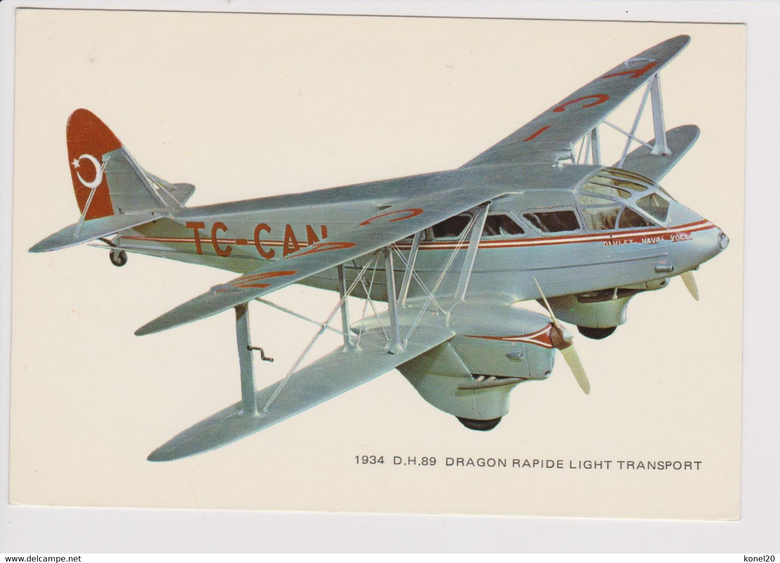 Vintage Pc Turkish Airlines De Havilland D.H. 89 Dragon Aircraft - 1919-1938: Entre Guerres