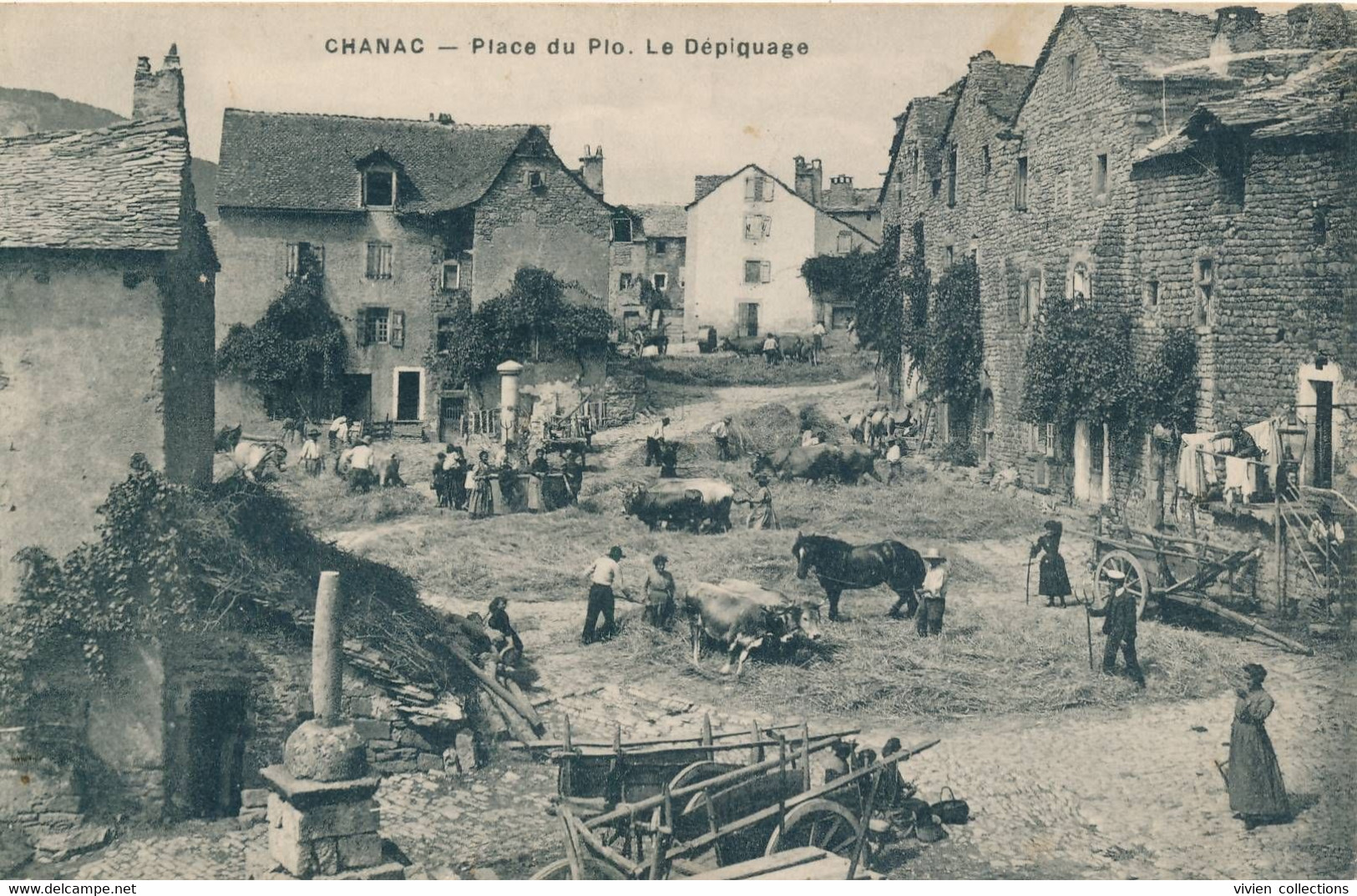 Chanac (48 Lozère) Place Du Plo Le Dépiquage - Circulée 1914 - Chanac