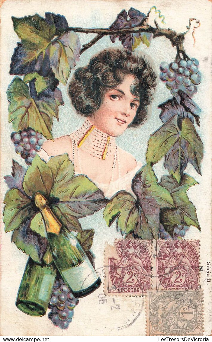 CPA Fantaisie Femme Avec Feuille De Vigne Et Bouteille De Champagne - Frauen