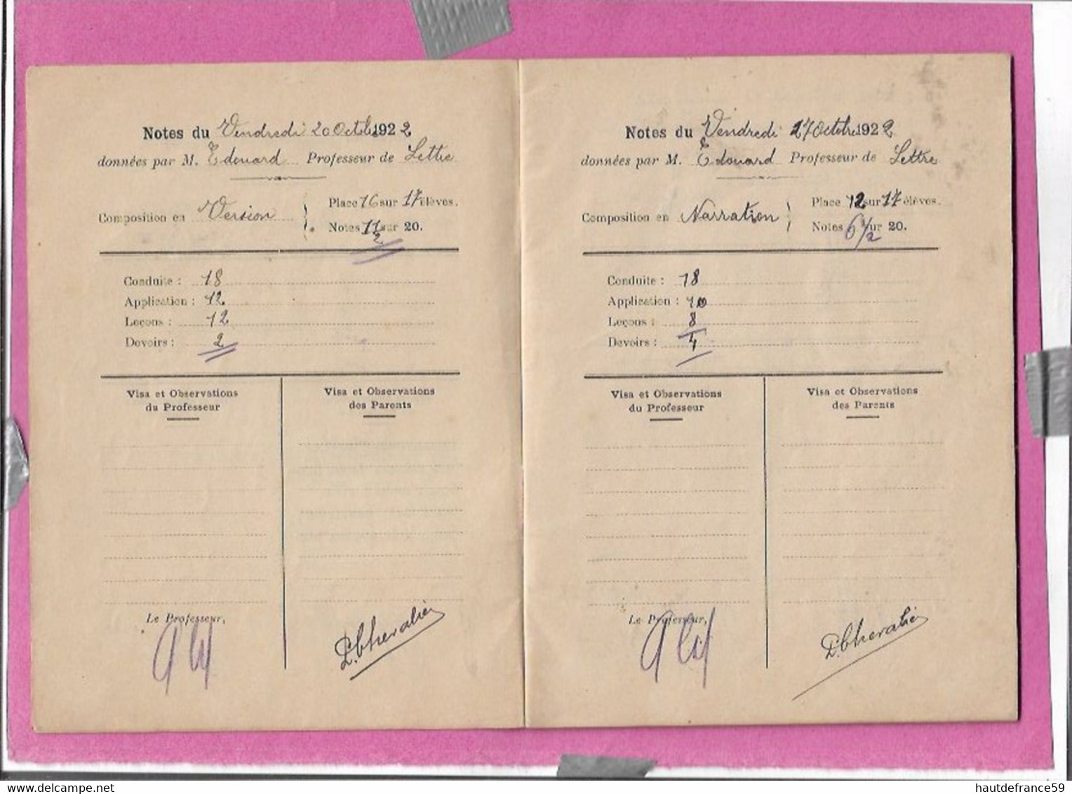 CARNET De Correspondance 1922 LYCEE HENRI WALLON VALENCIENNES A CHEVALIER Signature Professeurs Parents Par Thème - Fiches Didactiques