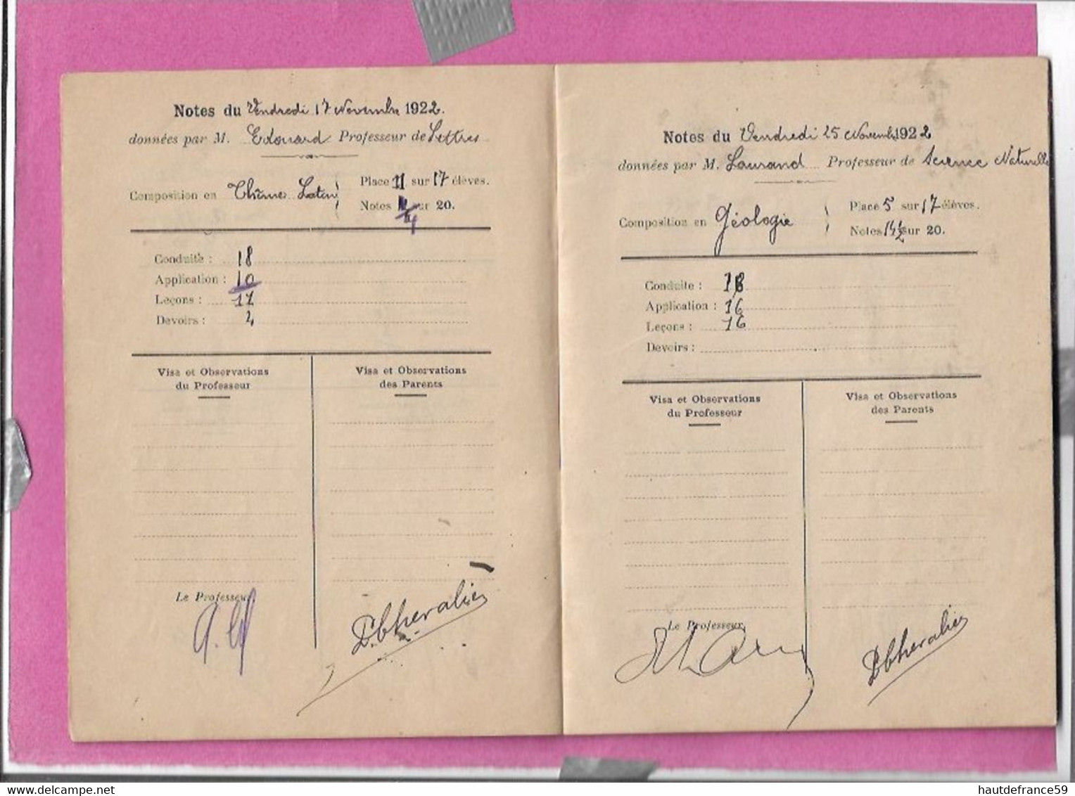 CARNET De Correspondance 1922 LYCEE HENRI WALLON VALENCIENNES A CHEVALIER Signature Professeurs Parents Par Thème - Lesekarten