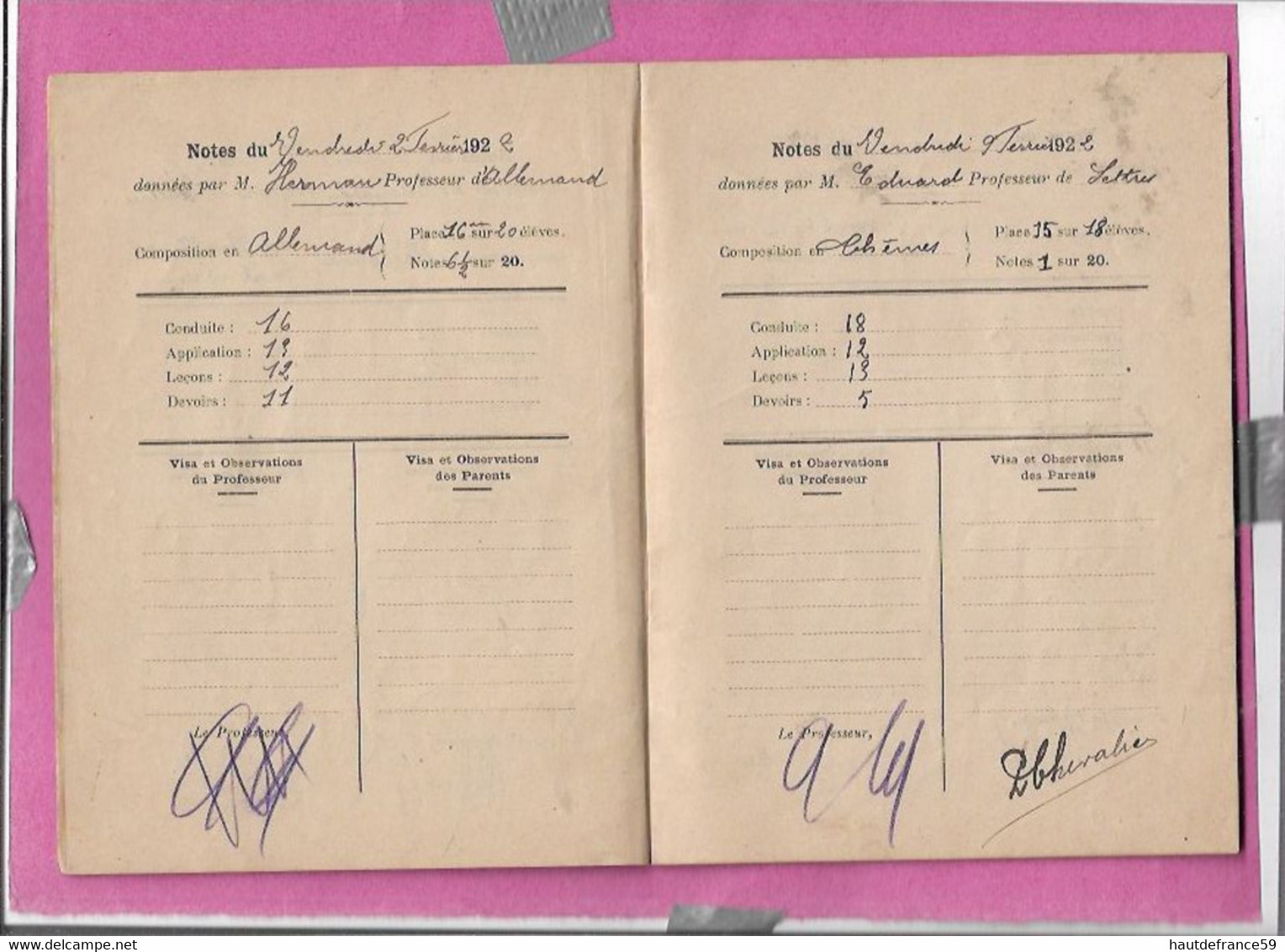 CARNET De Correspondance 1922 LYCEE HENRI WALLON VALENCIENNES A CHEVALIER Signature Professeurs Parents Par Thème - Learning Cards