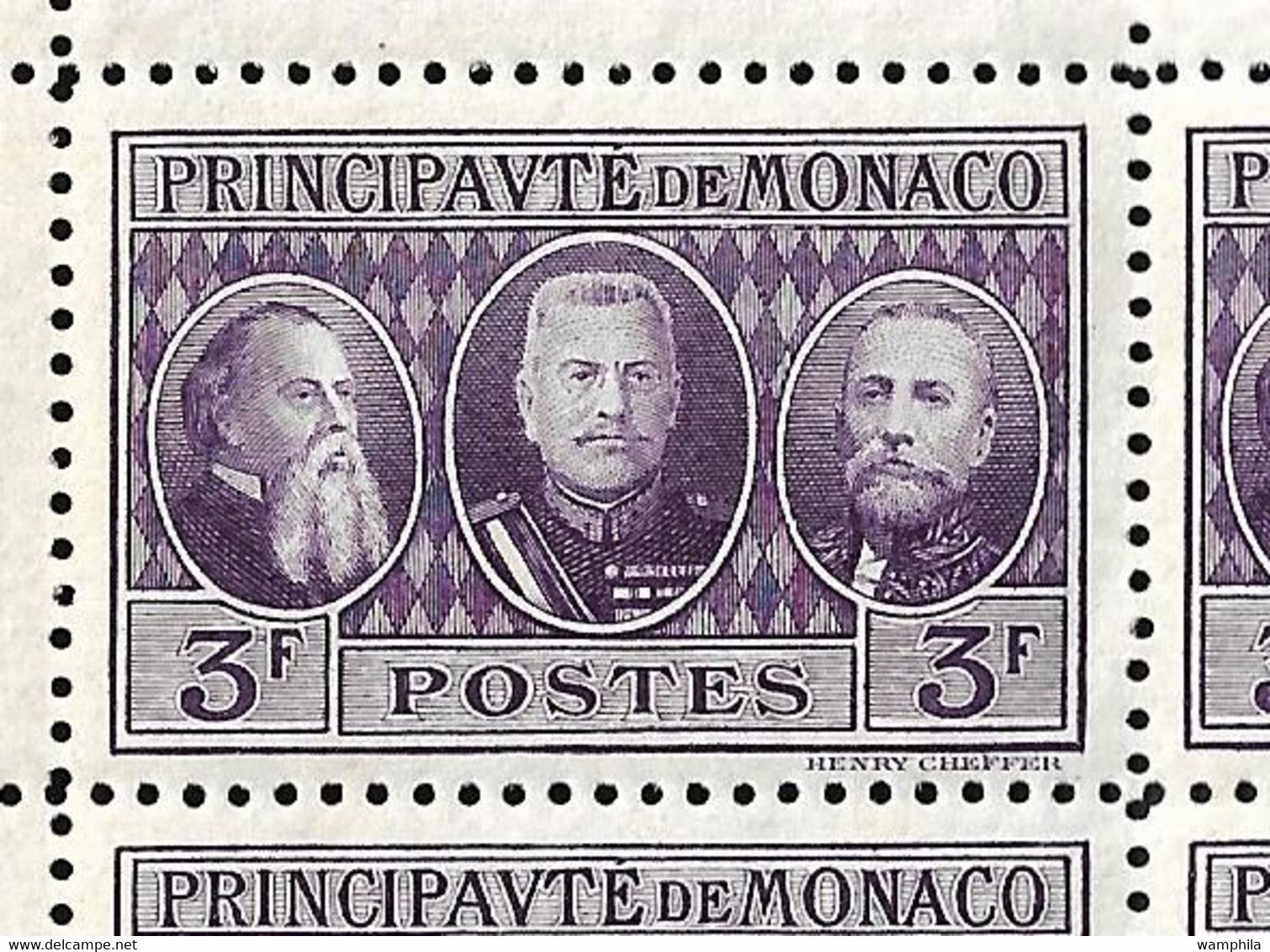 Monaco N°111** à 113** les 3 feuilles avec  variété papiers Filigranés BFK RIVES. Cote + 1500€