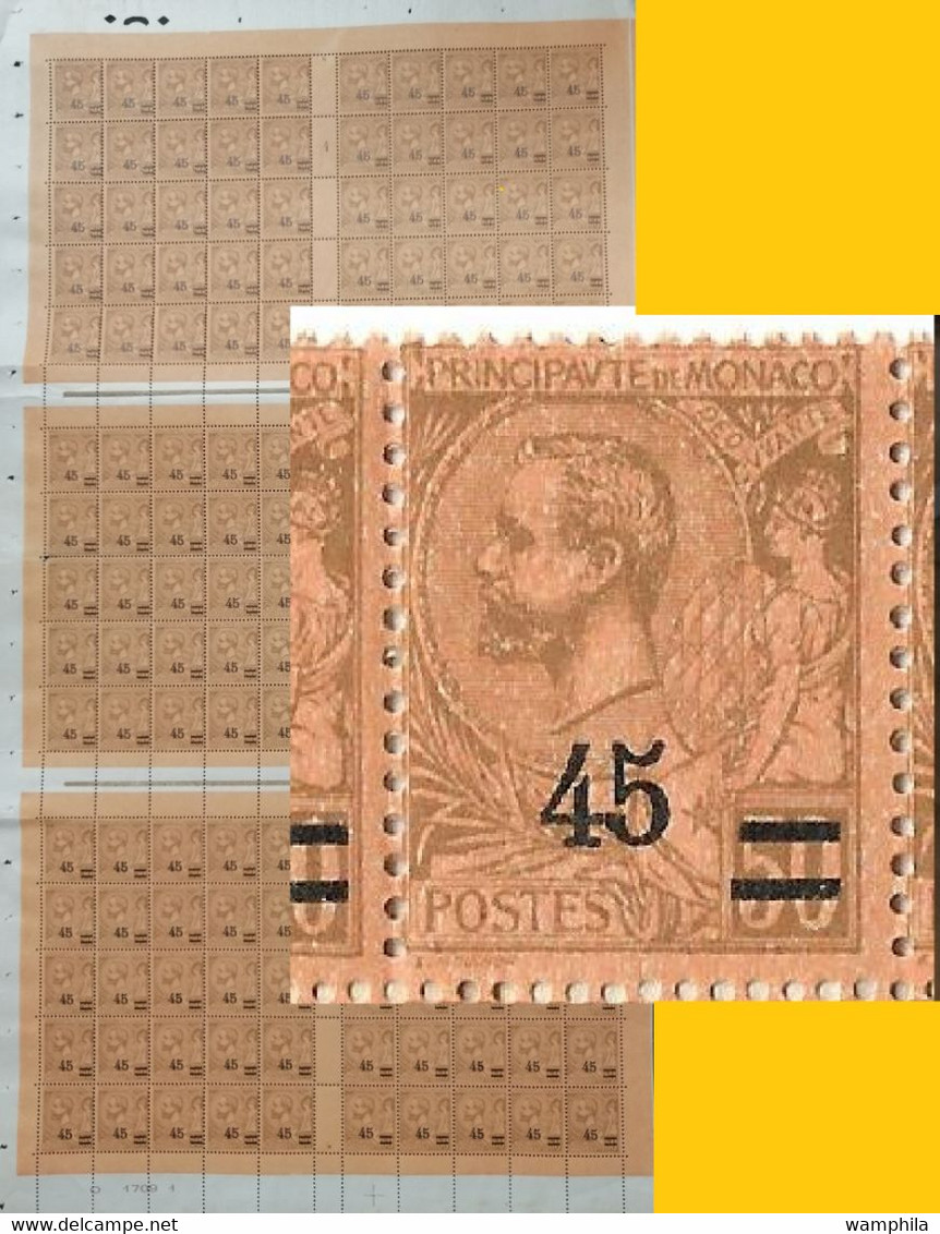 Monaco N°70** Feuille De 150 Timbres Avec Variété N° 70b** (4 Et 5 Reliés) Cote 875€. - Variétés