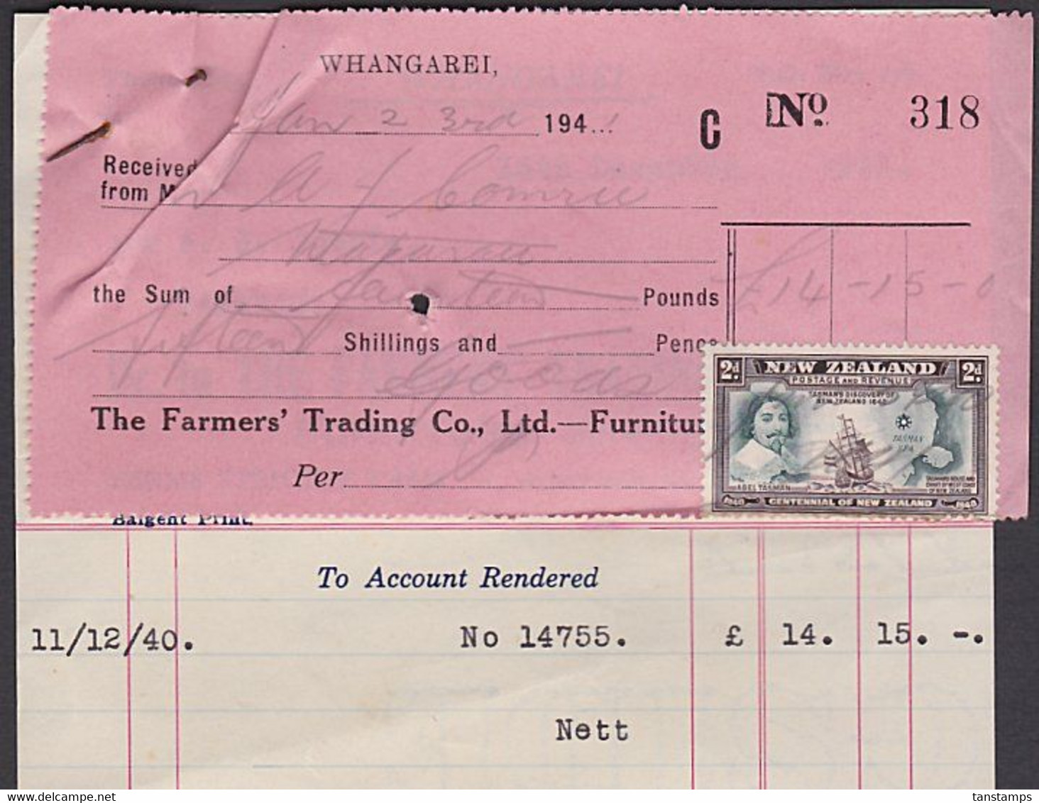 NEW ZEALAND WWII RECEIPT 1940 2d TASMAN ISSUE DATED 1941 - Cartas & Documentos