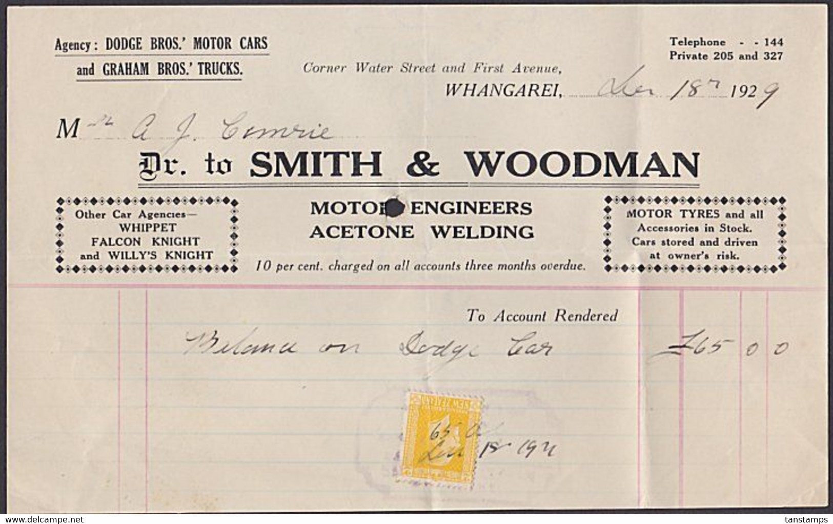 NEW ZEALAND MOTOR ENGINEERS RECEIPT 2d KGV SURFACE PRINTED DATED 1929 - Lettres & Documents