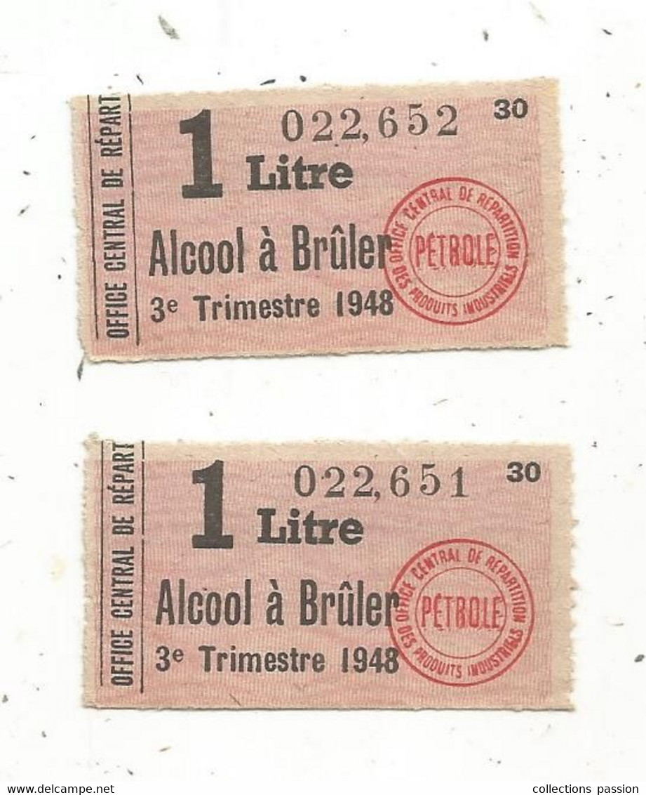 Coupon, Office Central De Répartition Des Produits Industriels, 1 LITRE ALCCOL A BRULER, 1948, 2 Scans, LOT DE 2 - Ohne Zuordnung