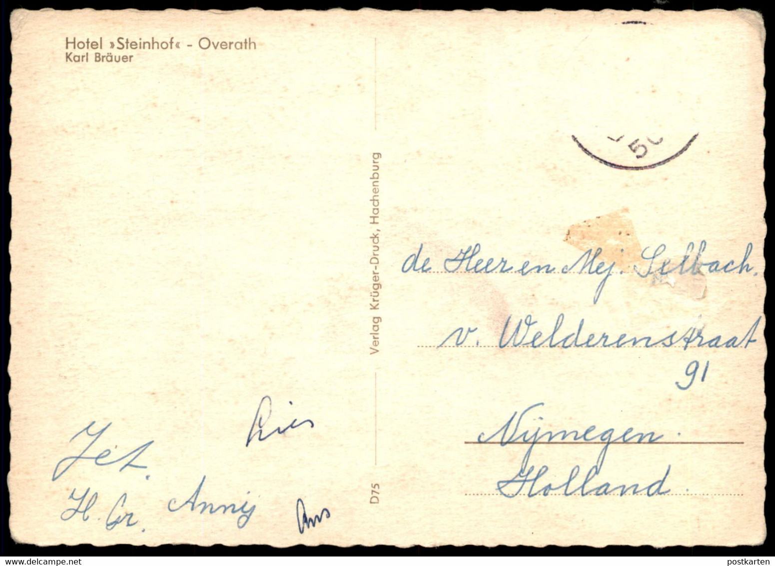 ÄLTERE POSTKARTE OVERATH  HOTEL STEINHOF KARL BRÄUER GERMANIA PILS GASTRAUM EDELBITTER Ansichtskarte AK Cpa Postcard - Overath