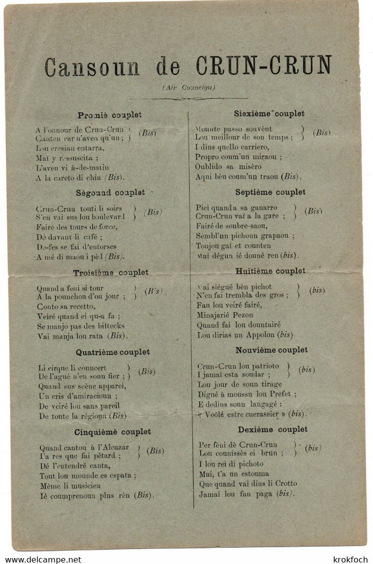 Chanson En Provençal : Cansoun De Crun-Crun - Région Avignon Vaucluse Provence - Pliée - Noten & Partituren