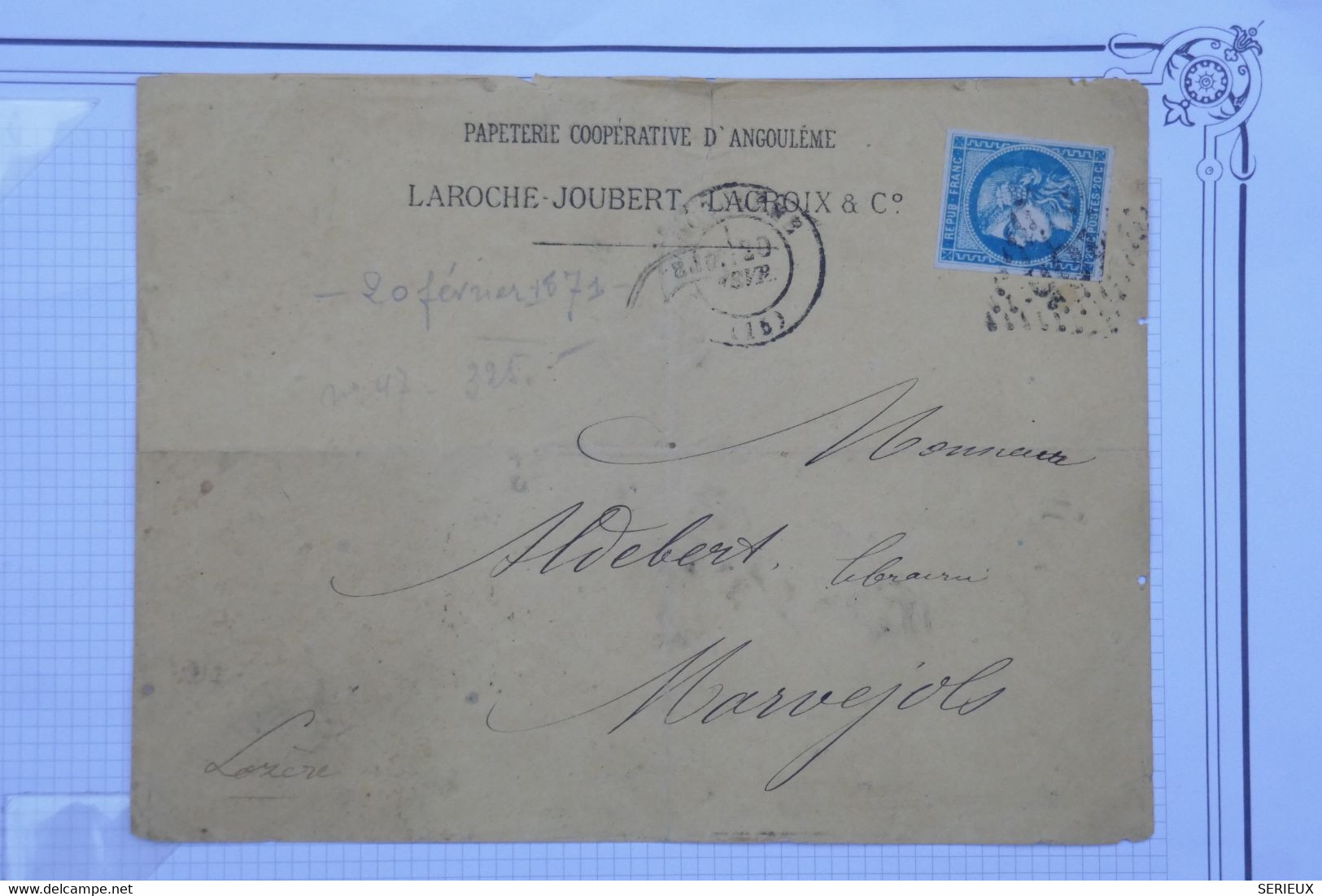 BF4 FRANCE BELLE  LETTRE PRIVEE 1871 ANGOULEME A MARVEJOLS  ++ CERES BORDEAUX  ++ +AFFRANCH. INTERESSANT - 1870 Emission De Bordeaux