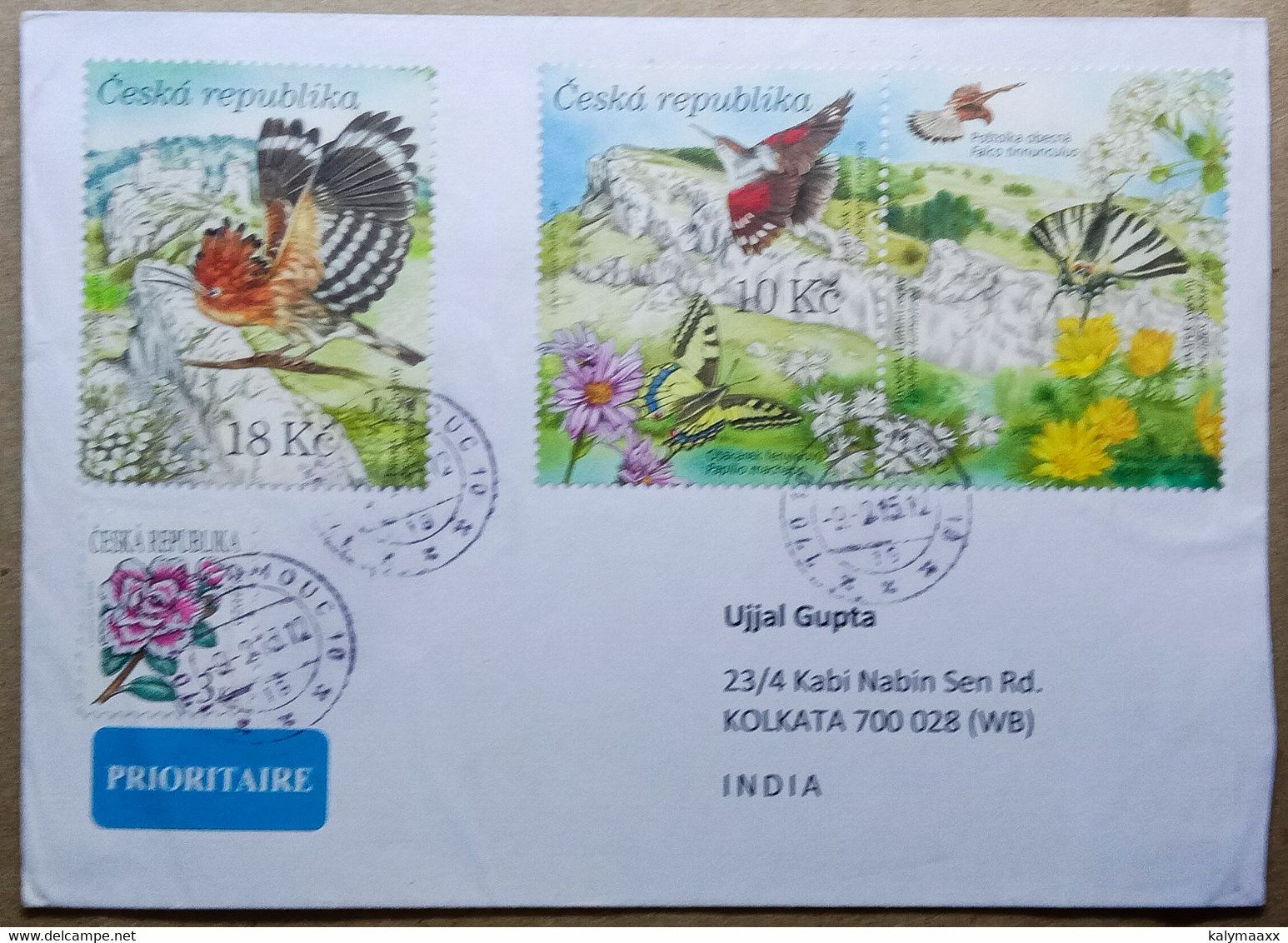 CZECH REPUBLIC TO INDIA 2012 COMMERCIAL USED COVER, BIRDS, BUTTERFLY, FLOWERS, FLORA & FAUNA - Storia Postale
