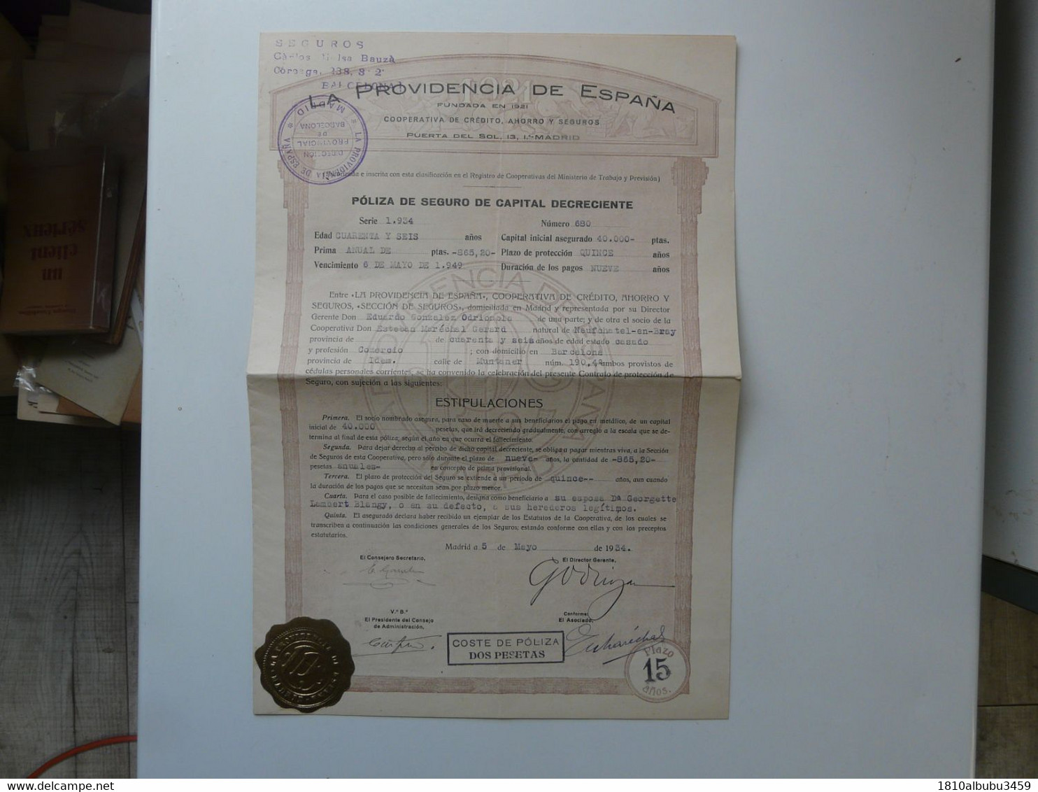 VIEUX PAPIERS - POLZA DE SEGURO DE CAPITAL DECRECIENTE - MADRID 1934 - Spanje