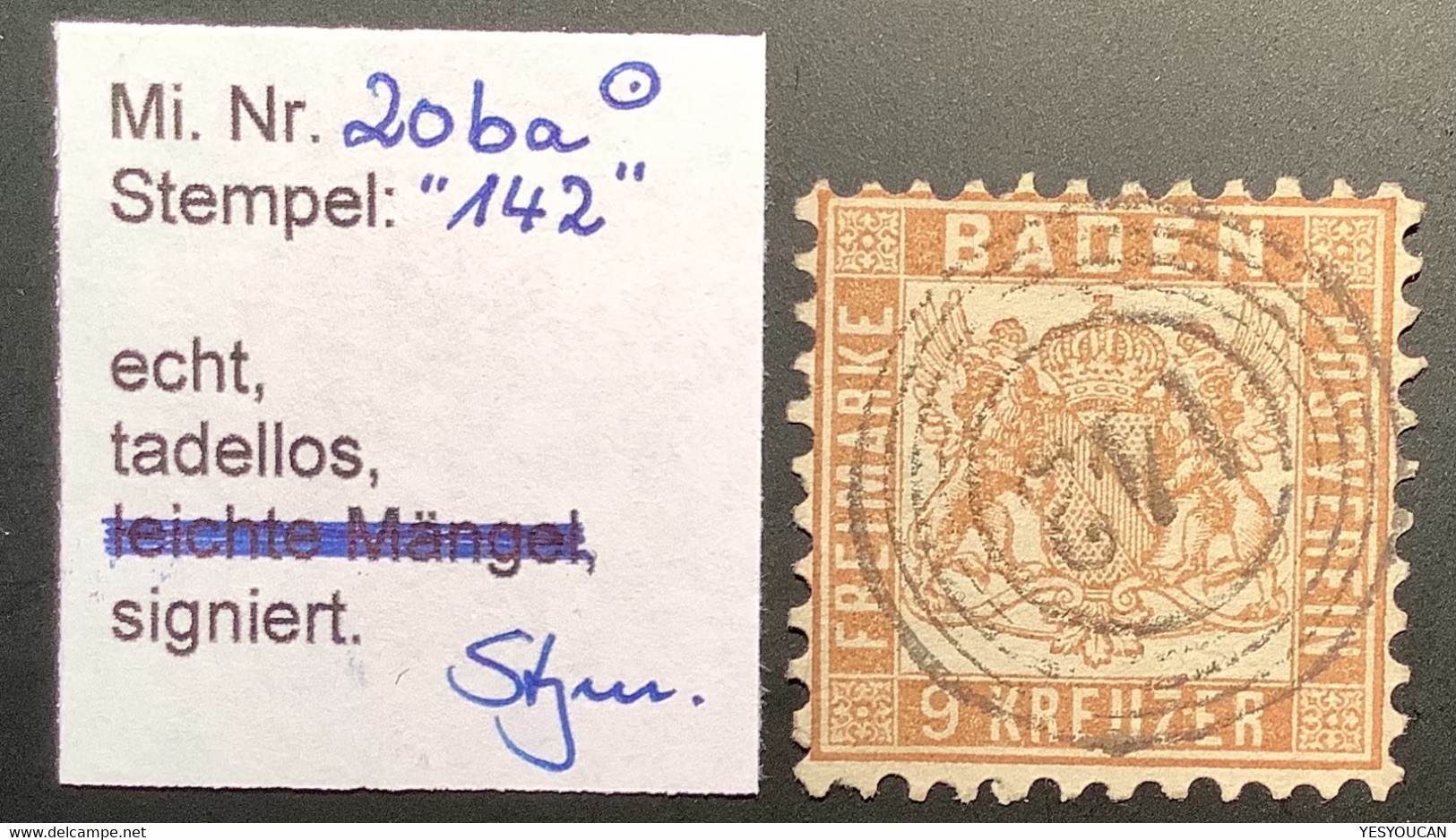 Baden Mi 20 Ba KABINETTSTÜCK  Geprüft Stegmüller BPP 1862 9 Kr Fahlbraun Gestempelt 142 SULZBURG Lörrach/Müllheim (Bade - Used