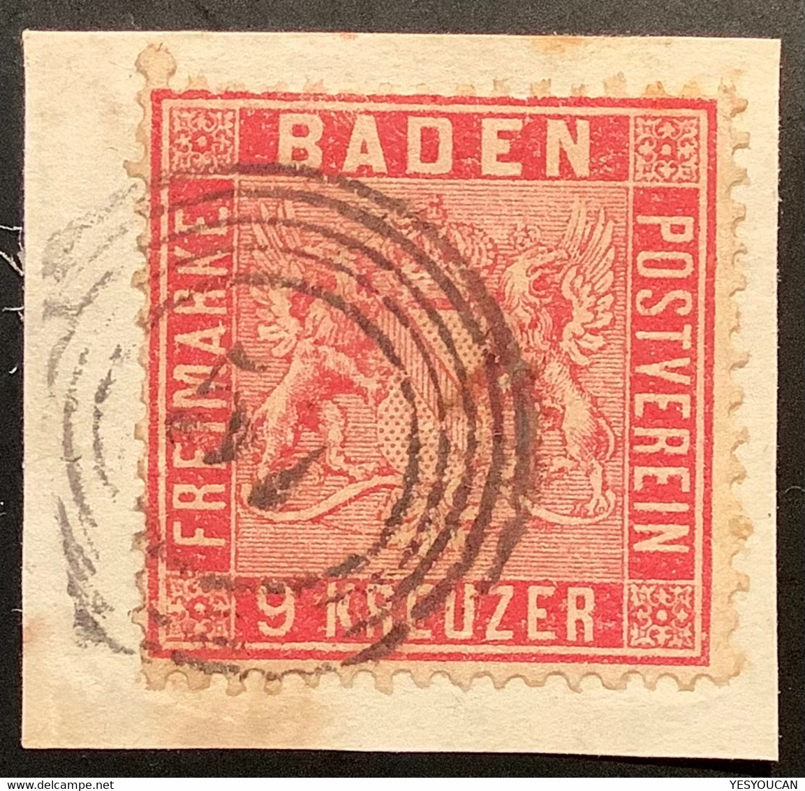 Baden Mi 12 TADELLOS  Geprüft Stegmüller BPP 1860 9 Kr Karmin Gestempelt 57 Heidelberg Briefstück (Bade XF - Gebraucht