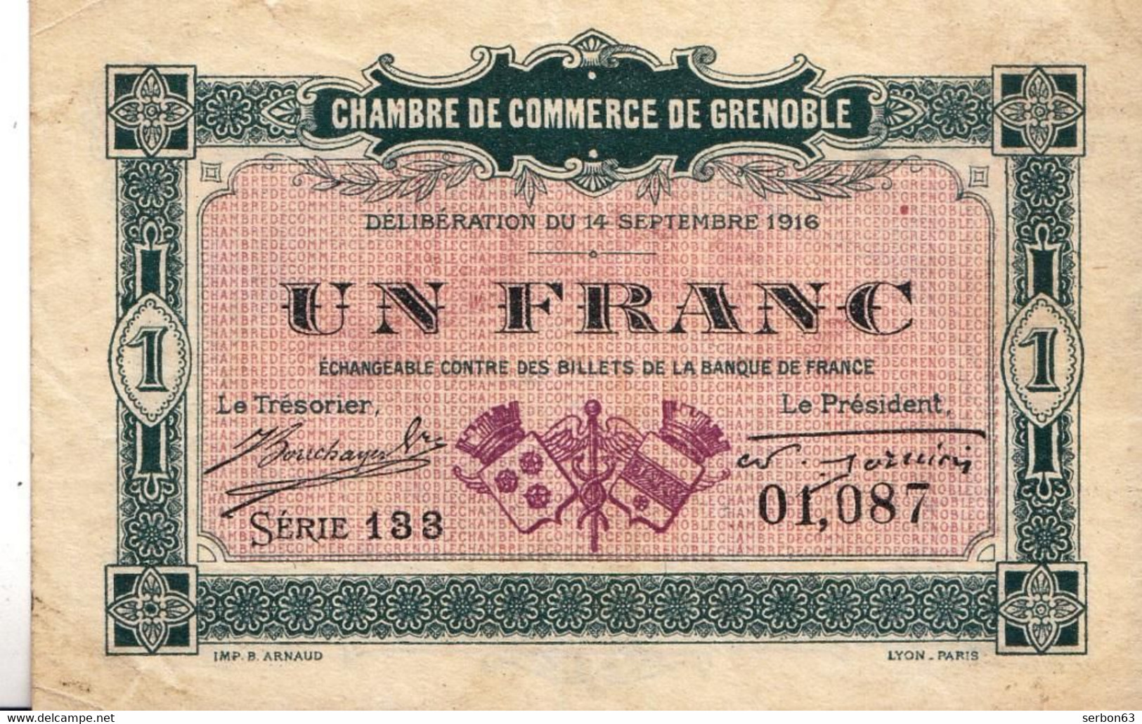 BON - BILLET - MONNAIE - UN FRANC CHAMBRE DE COMMERCE 1916 - DE GRENOBLE ISÈRE 38000  - N° 01087 - Chambre De Commerce