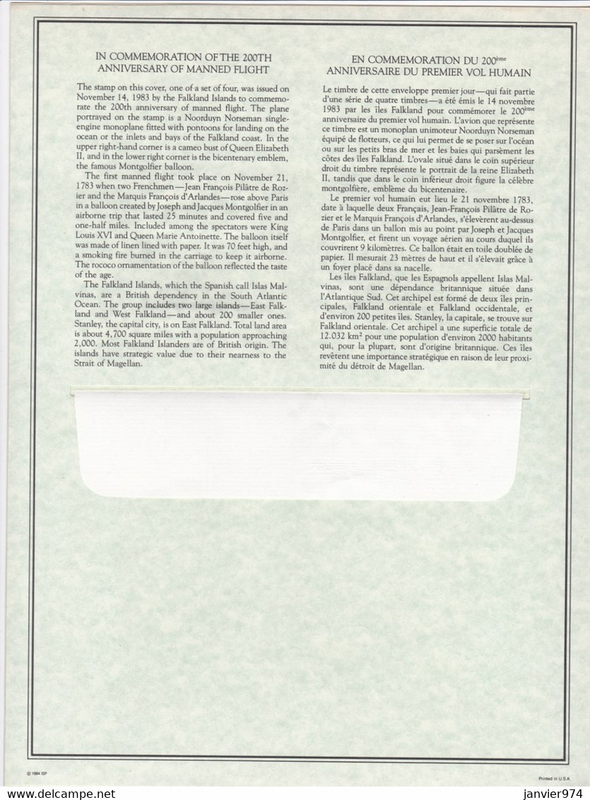 1983 Timbre Argent + Timbre Neuf + Enveloppe 1er Jour, 200e Anniversaire Du 1er Vol Humain . FDC - Falkland Islands