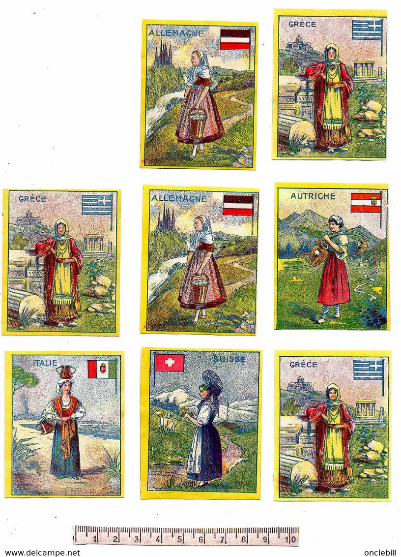 Folklore Drapeaux Grece Suisse Italie Autriche Allemagne 8 Chromos Avant 1900 Très Bon état - Artis Historia