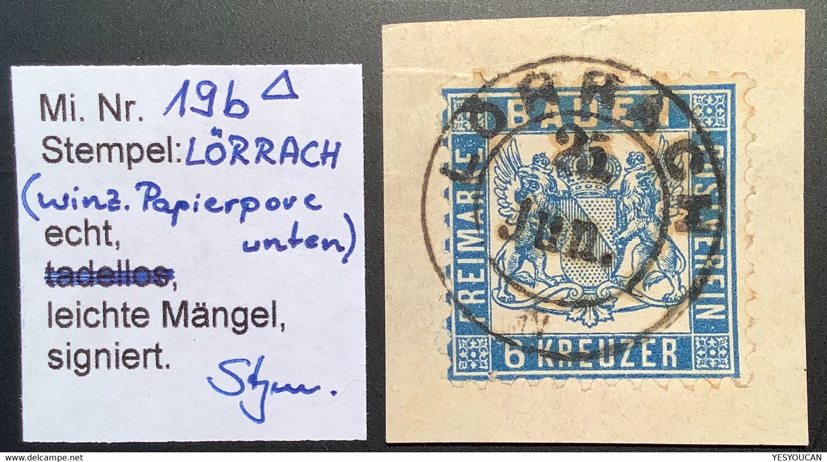 Baden Mi 19b GUTE FARBE Geprüft Stegmüller BPP 1862 6 Kr PREUSSISCHBLAU Gestempelt LÖRRACH Briefstück  (Bade - Afgestempeld