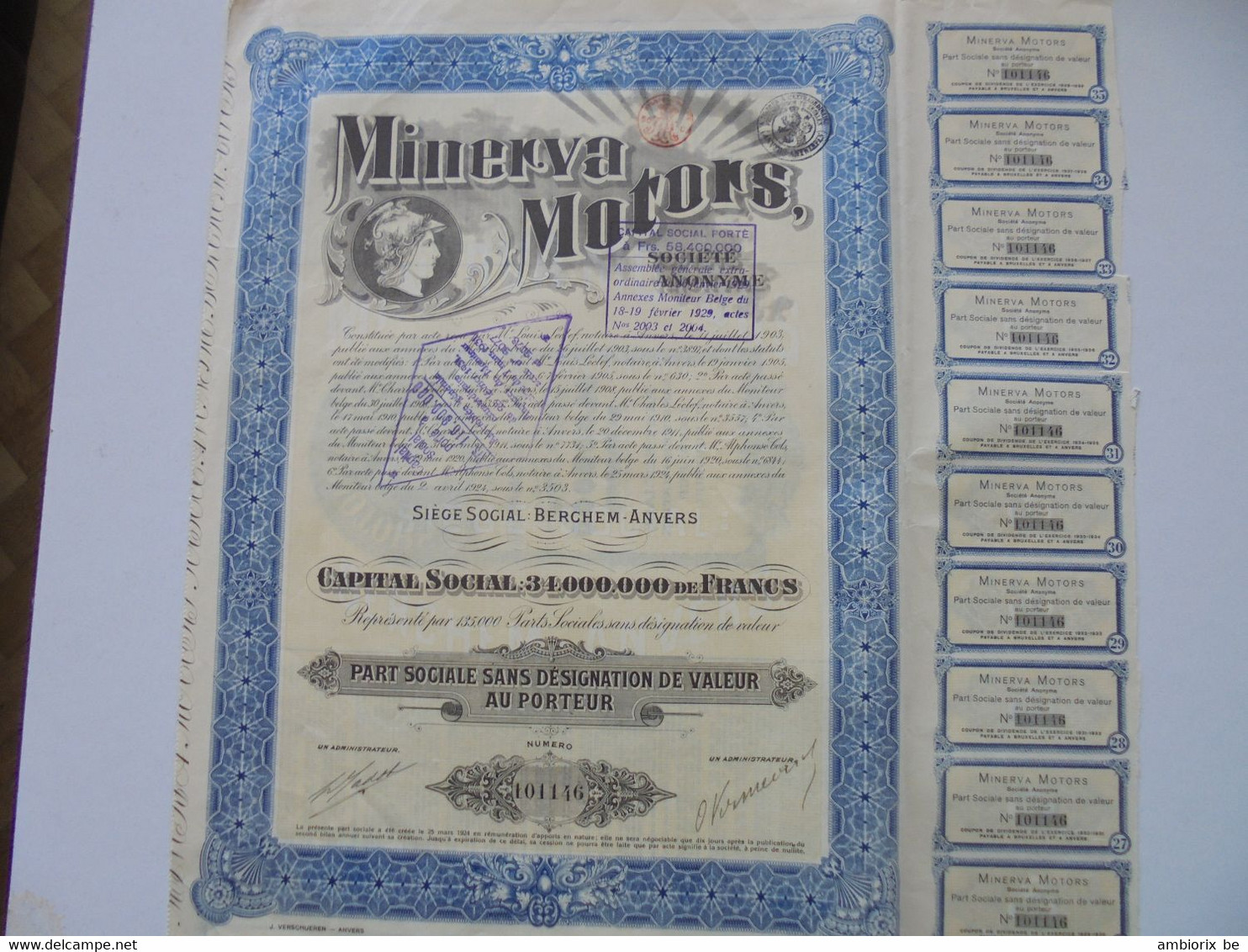 Minerva Motors - Berchem-Anvers - Capital 34 000 000 - 1924 - Automobile