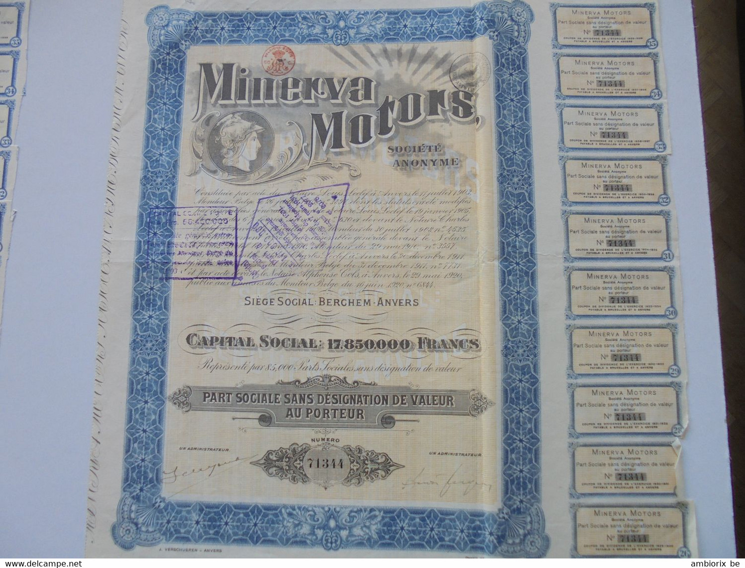 Minerva Motors - Berchem-Anvers - Capital 17 850 000 - 1920 - Automobile