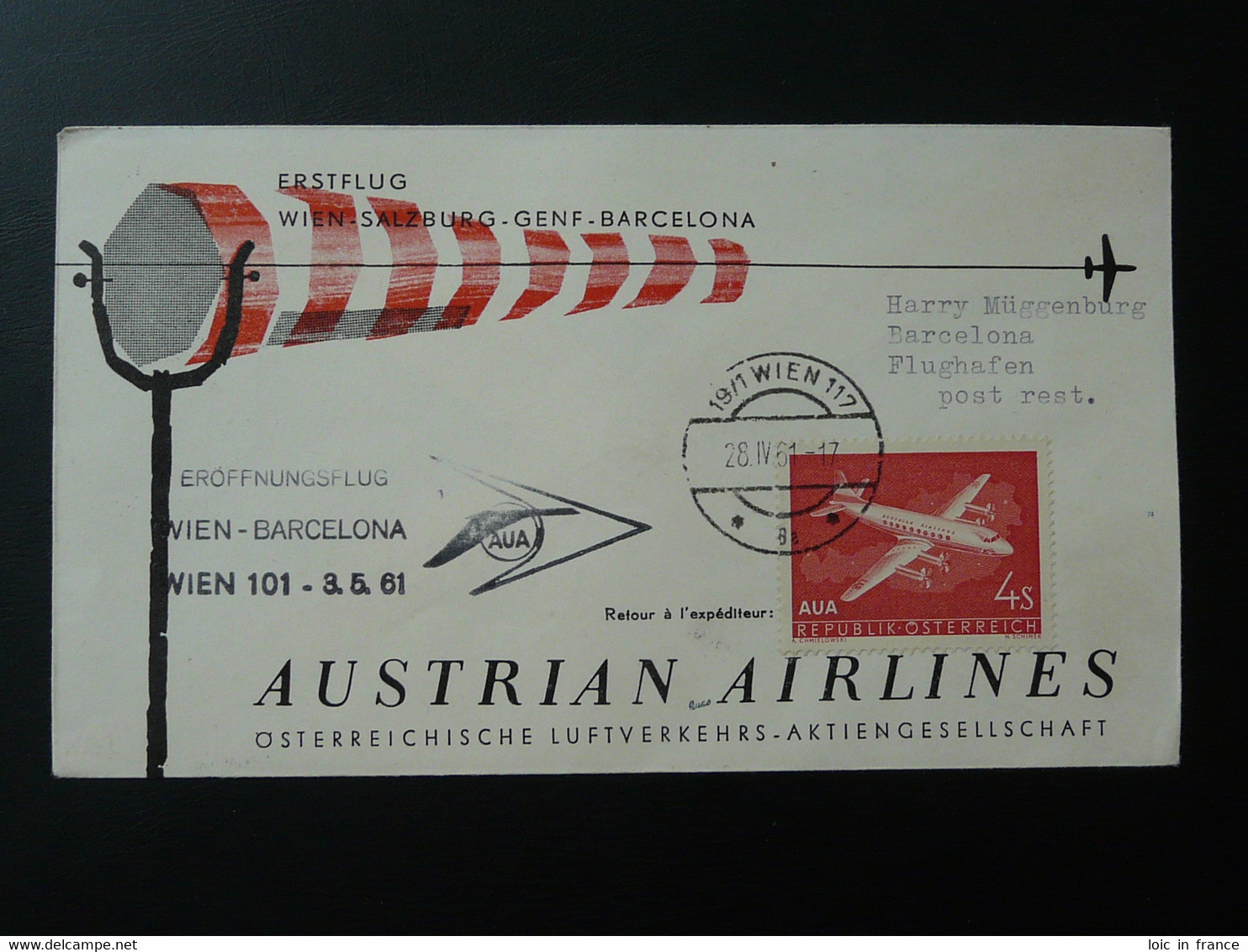 Lettre Premier Vol First Flight Cover Wien Barcelona AUA Austrian Airlines 1961 (ex 1) - Cartas & Documentos