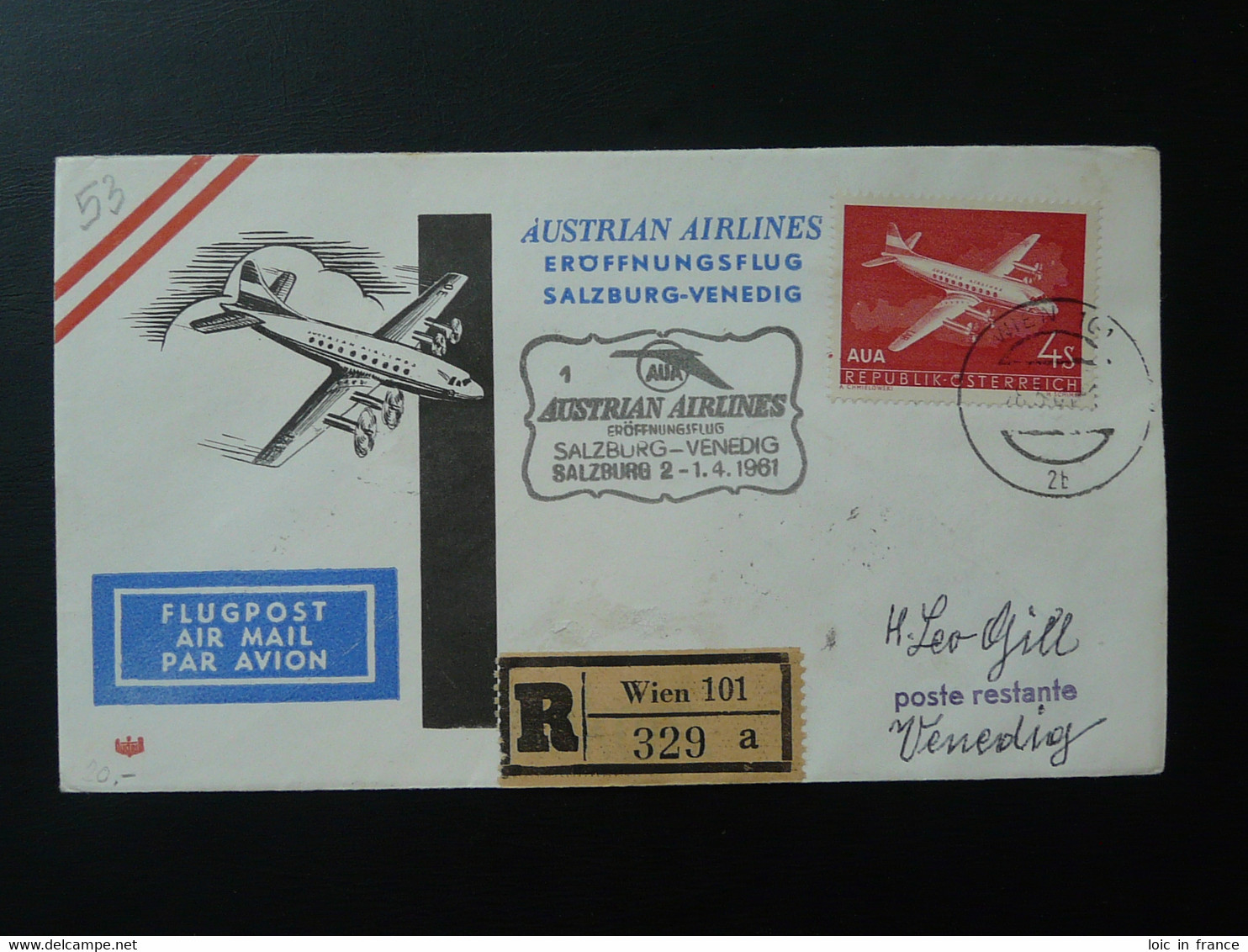 Lettre Premier Vol First Flight Cover Wien Venice Venezia AUA Austrian Airlines 1961 (ex 4) - Cartas & Documentos