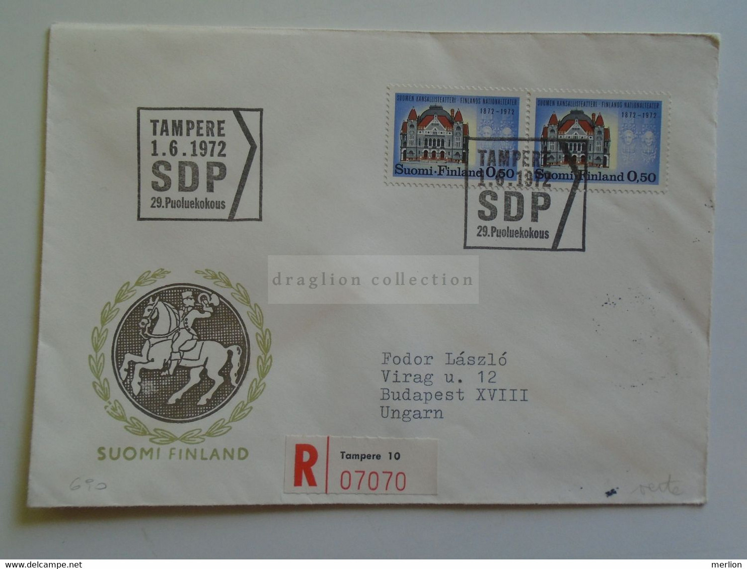 D179689   Suomi Finland Registered Cover    - Cancel TAMPERE   1972  Sent To Hungary - Briefe U. Dokumente