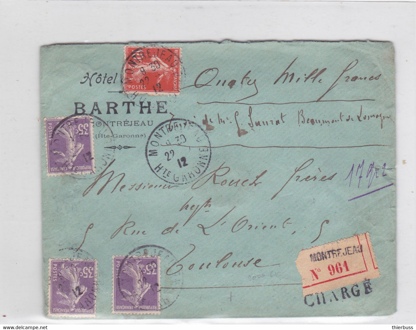 Semeuse Tarif 1f15  10c 35ct  Lettre Chargée 1912 Montrejeau Haute Garonne - Tarifas Postales