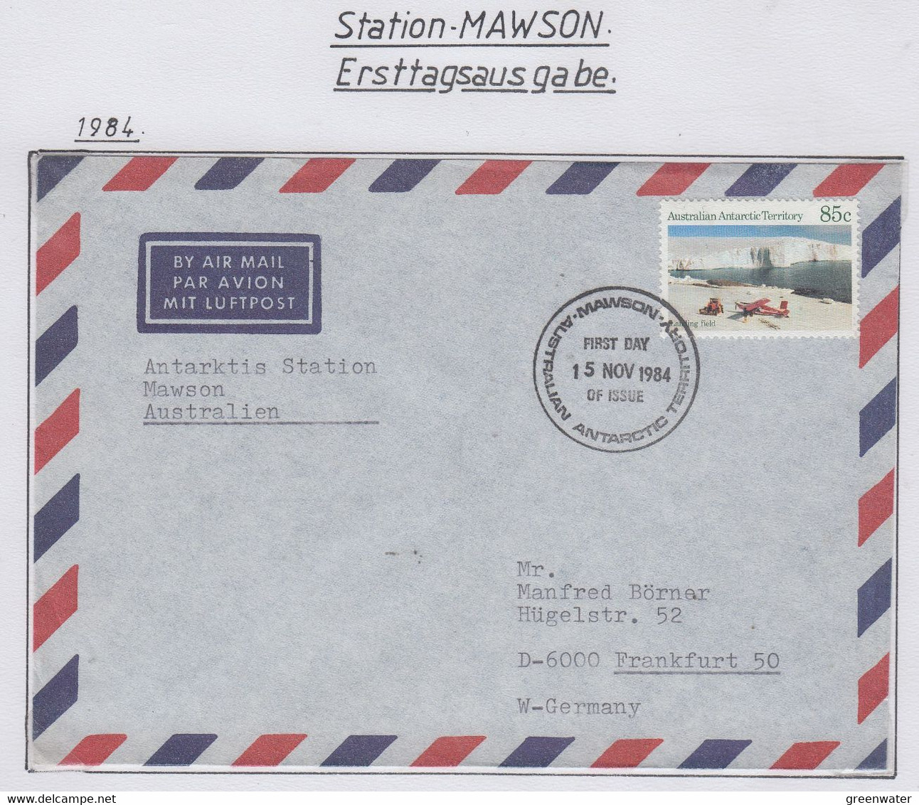 AAT 1984 Definitive 1v FDC Ca Mawson 15 NOV 1984 (MN205A) - FDC