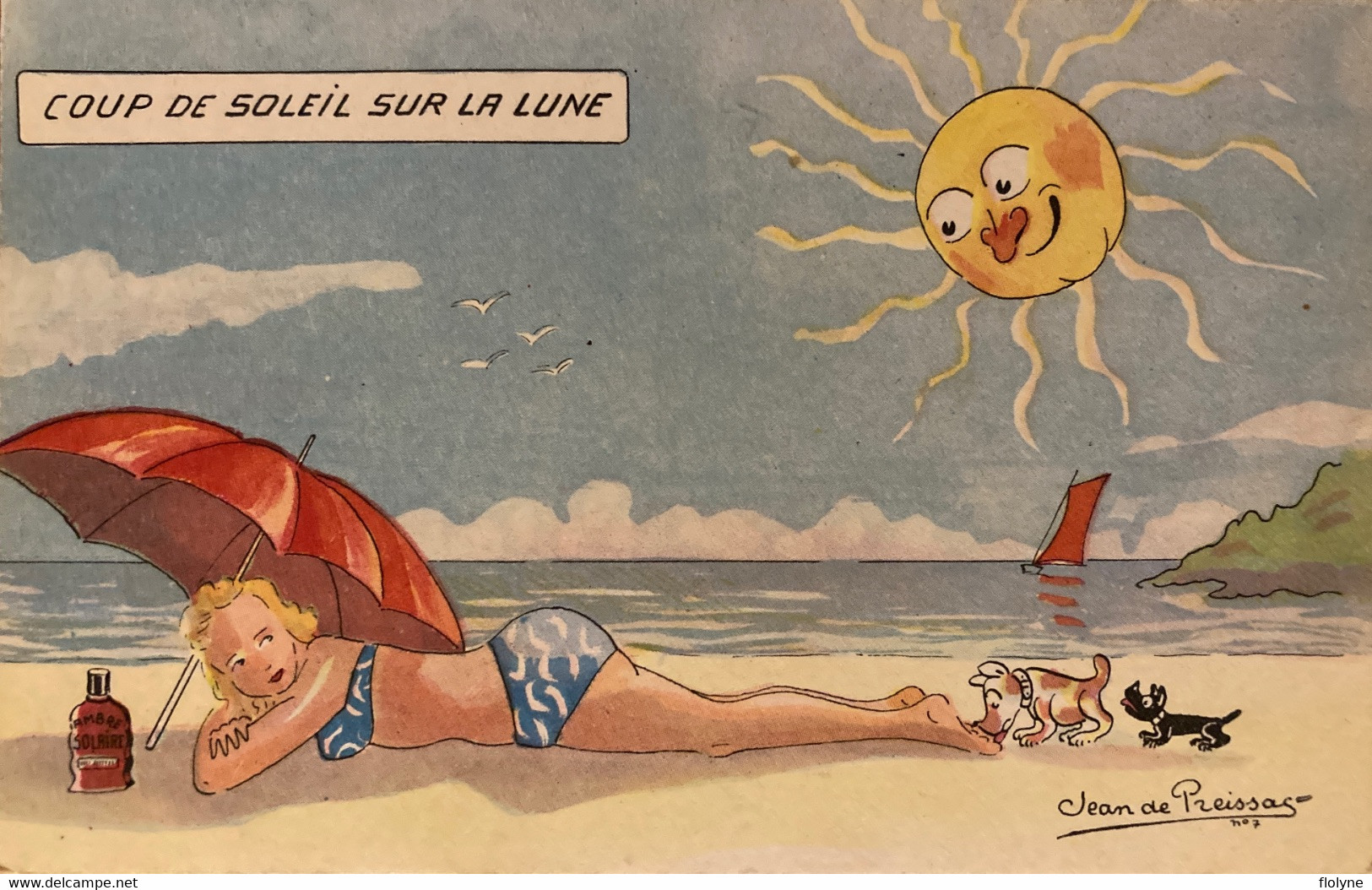 Jean DE PREISSAC - Cpa Illustrateur - Coup De Soleil Sur La Lune - Humour Femme à La Plage - Preissac