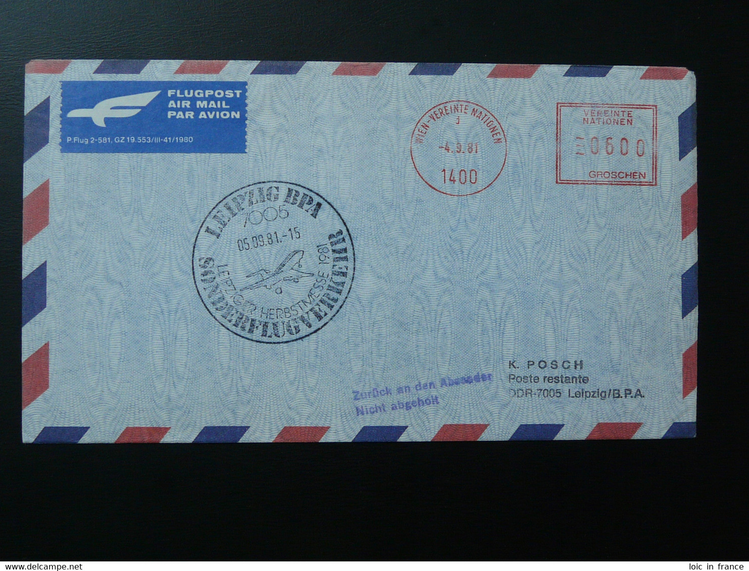 Lettre Vol Flight Cover Flugpost Wien Vereinte Nationen --> Leipziger Messe EMA Slogan Meter 1981 - Lettres & Documents