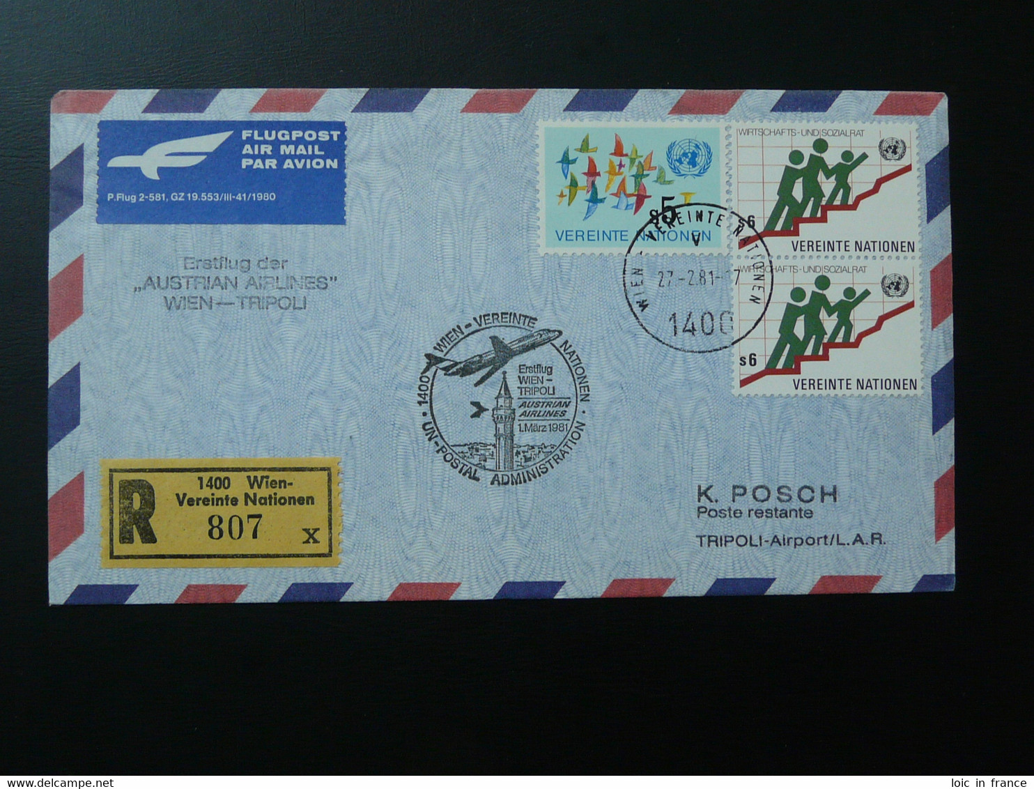 Lettre Vol Flight Cover Flugpost Wien Vereinte Nationen --> Tripoli 1981 - Lettres & Documents