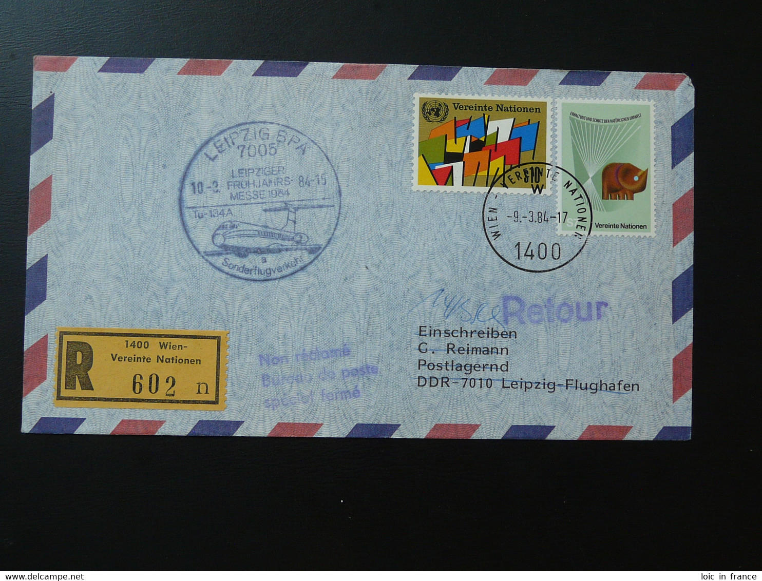 Lettre Vol Registered Flight Cover Flugpost Wien Vereinte Nationen --> Leipziger Messe 1984 - Lettres & Documents