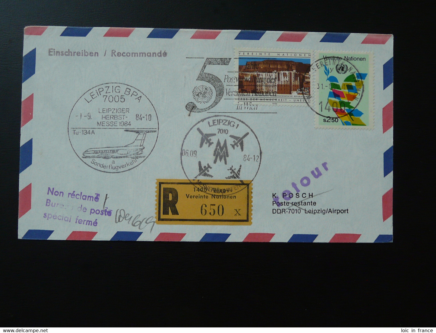 Lettre Vol Registered Flight Cover Flugpost Wien Vereinte Nationen --> Leipziger Messe 1984 - Covers & Documents