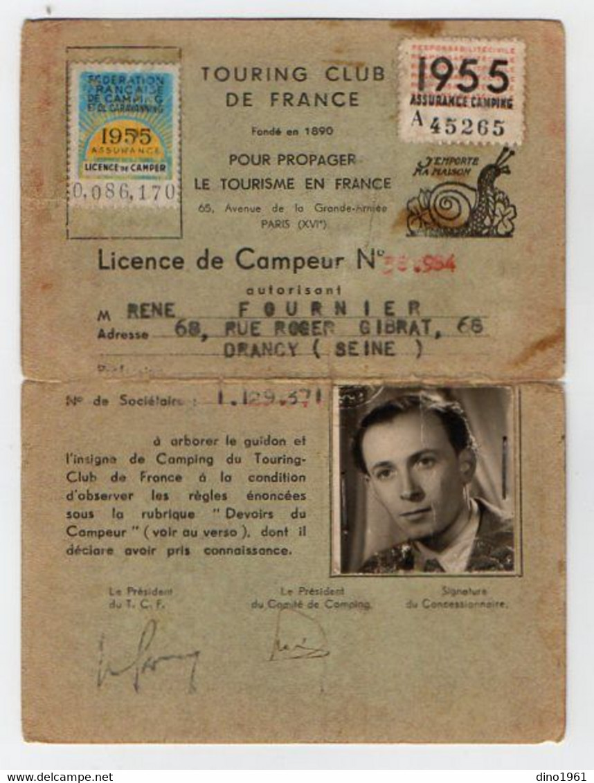 VP20.518 - PARIS 1955 - Carte Du Tourning Club De France - Licence De Campeur - Mr René FOURNIER à DRANCY - Sonstige & Ohne Zuordnung