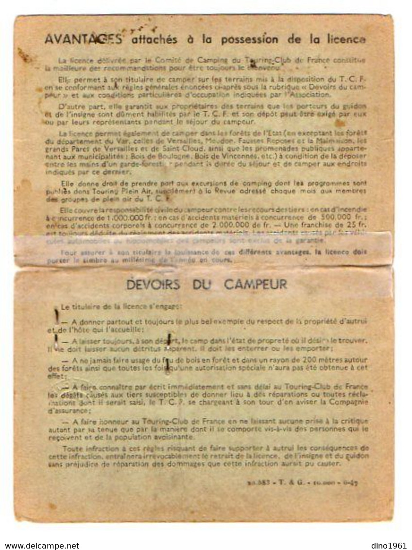 VP20.518 - PARIS 1955 - Carte Du Tourning Club De France - Licence De Campeur - Mr René FOURNIER à DRANCY - Sonstige & Ohne Zuordnung