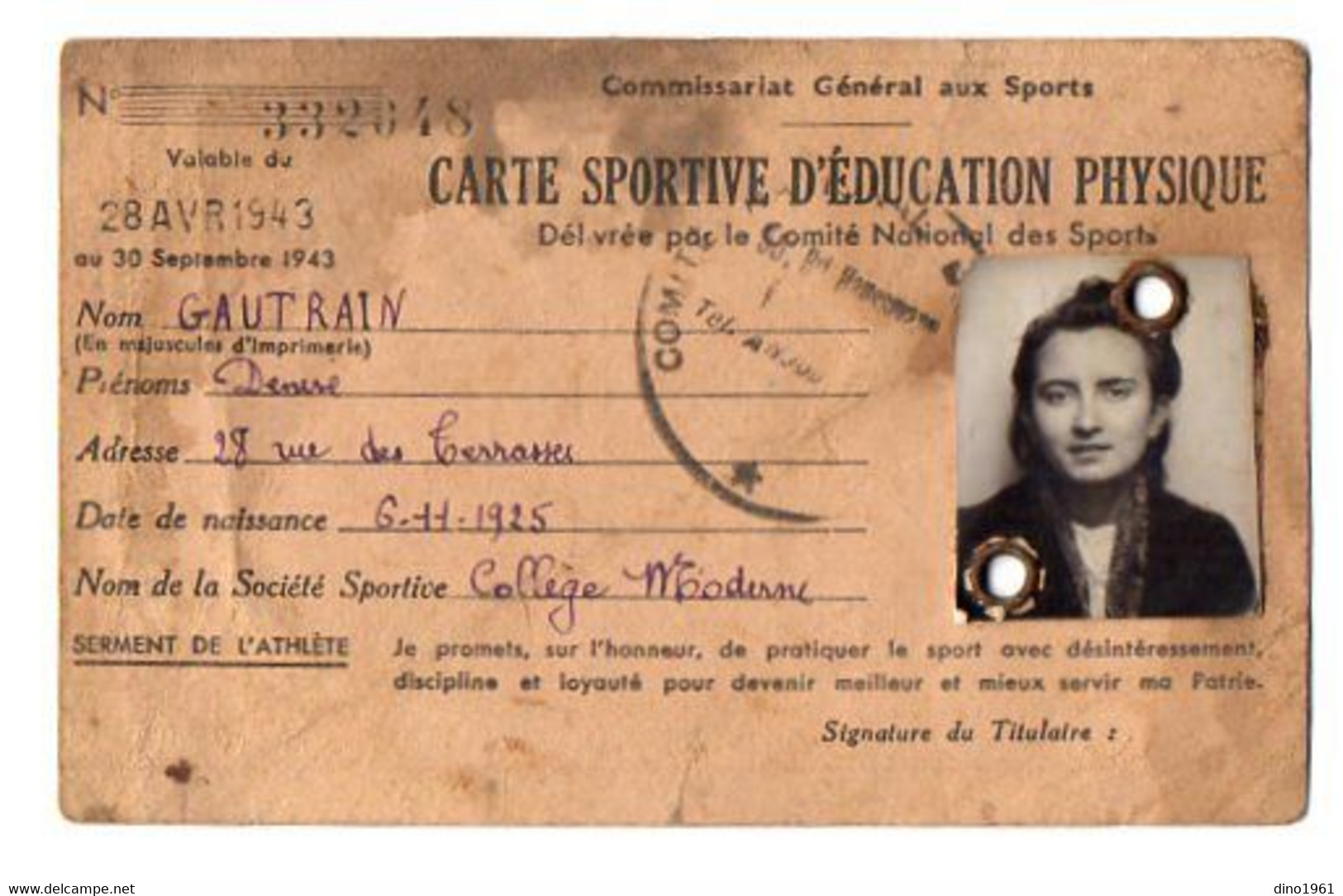 VP20.519 - PARIS 1943 - Carte Sportive D'Education Physique - Melle Denise GAUTRAIN - Autres & Non Classés