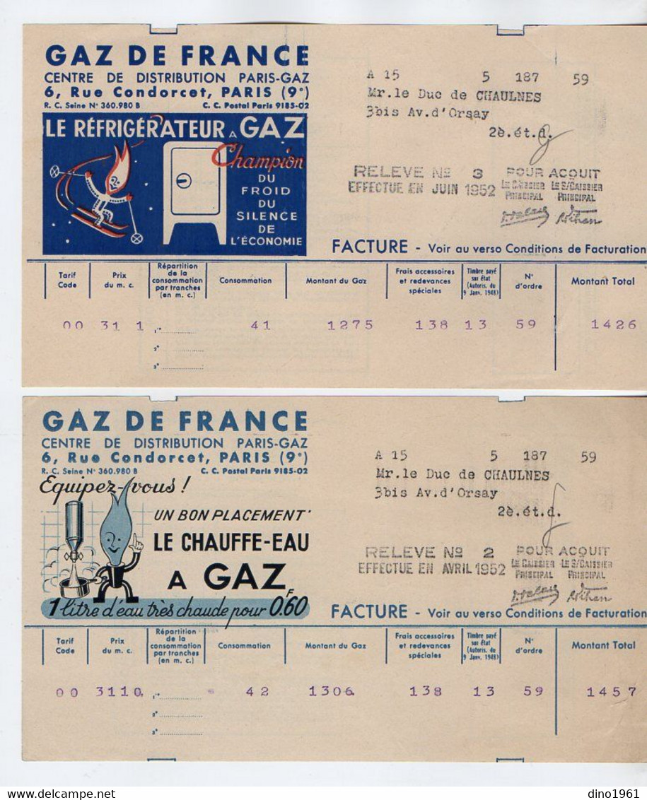VP20.523 - PARIS 1952 - Facture X 2 - Gaz De France Pour Mr Le Duc De CHAULNES - Elektriciteit En Gas