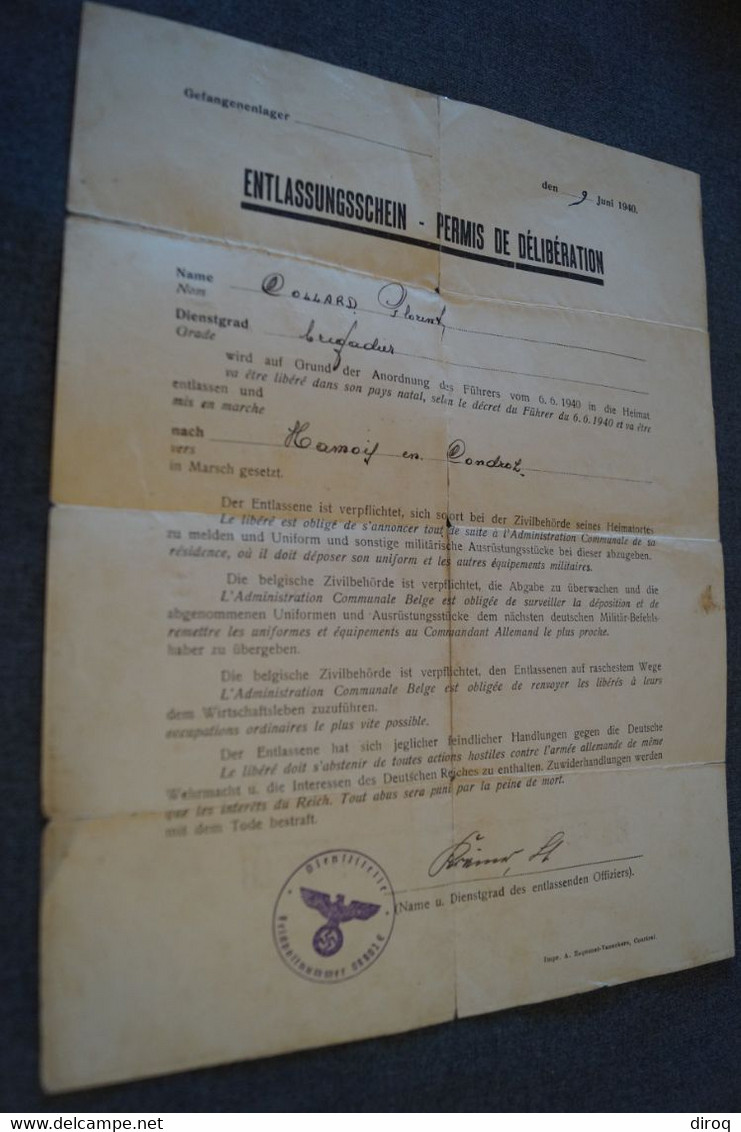 Document Originale,militaria,collection,historique,permis De Délibération,cachet Allemand,Hamois 1940 - Documents