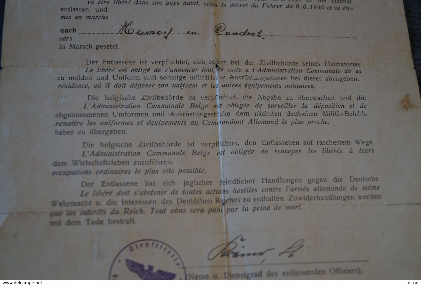 Document Originale,militaria,collection,historique,permis De Délibération,cachet Allemand,Hamois 1940 - Documents