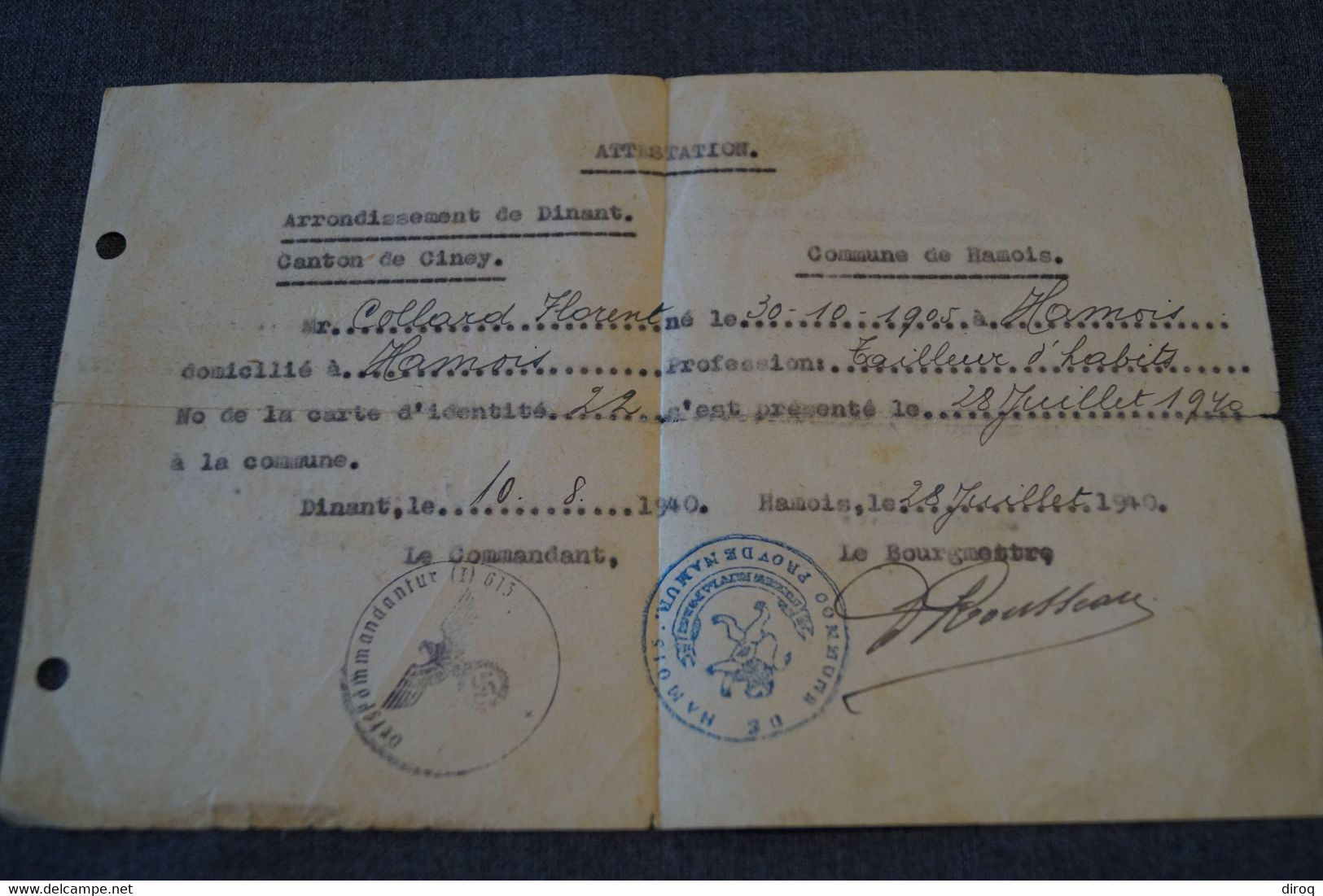 Document Originale,militaria,collection,historique,Collard Florent,cachet Allemand,Hamois 1940 - Documentos