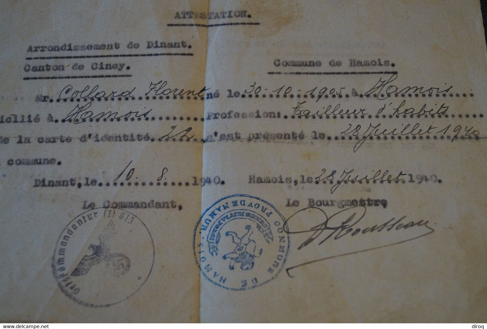 Document Originale,militaria,collection,historique,Collard Florent,cachet Allemand,Hamois 1940 - Documenten