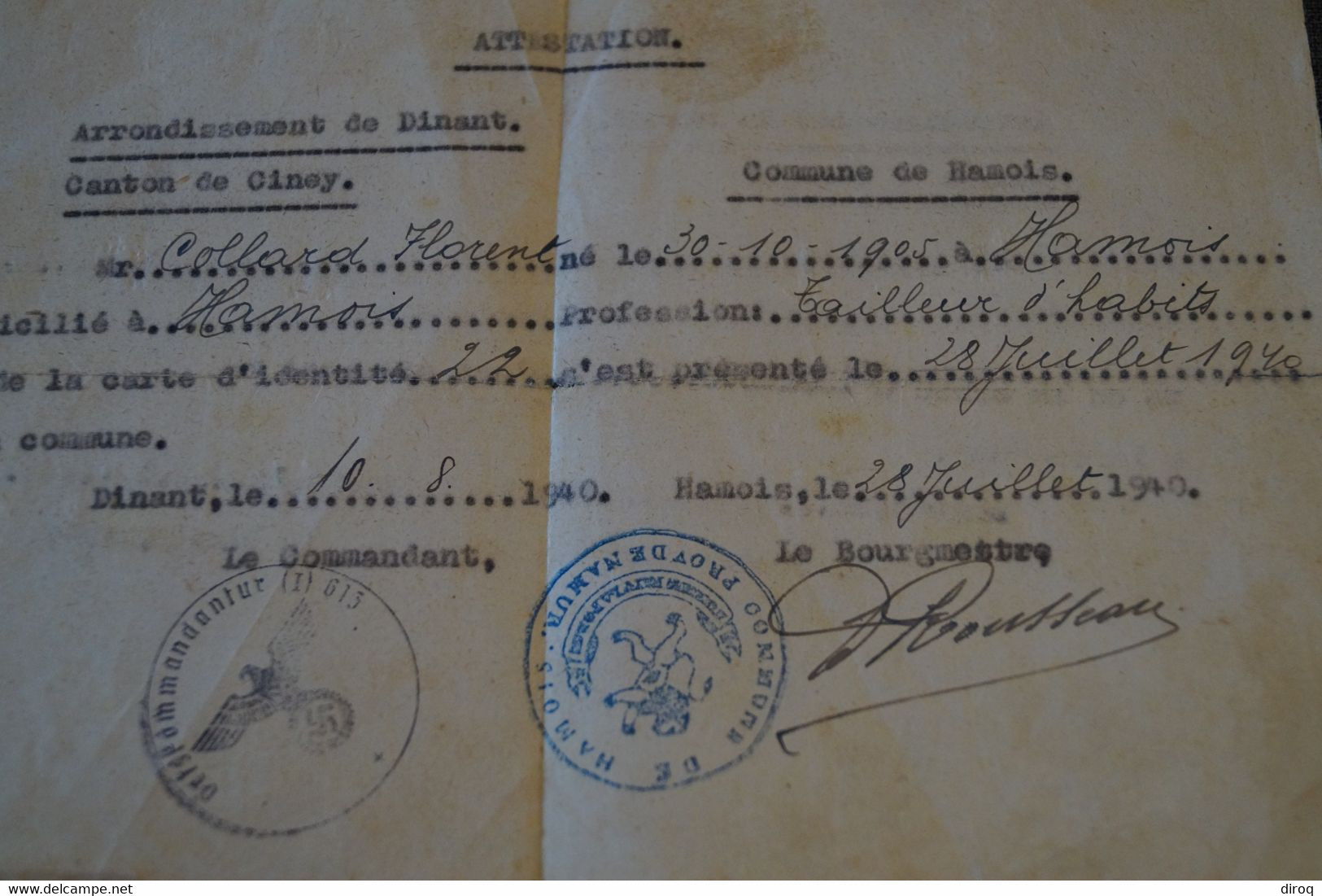 Document Originale,militaria,collection,historique,Collard Florent,cachet Allemand,Hamois 1940 - Documents