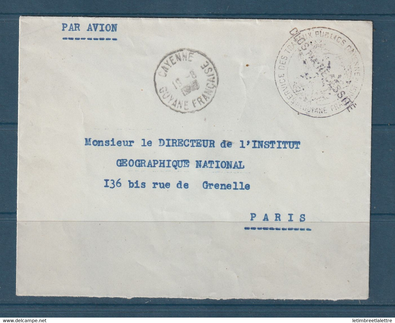 ⭐ Guyane - Poste Aérienne - Cayenne - Services Des Travaux Publics - Mention Clos Par Nécessité - 1977 ⭐ - Guyana (1966-...)